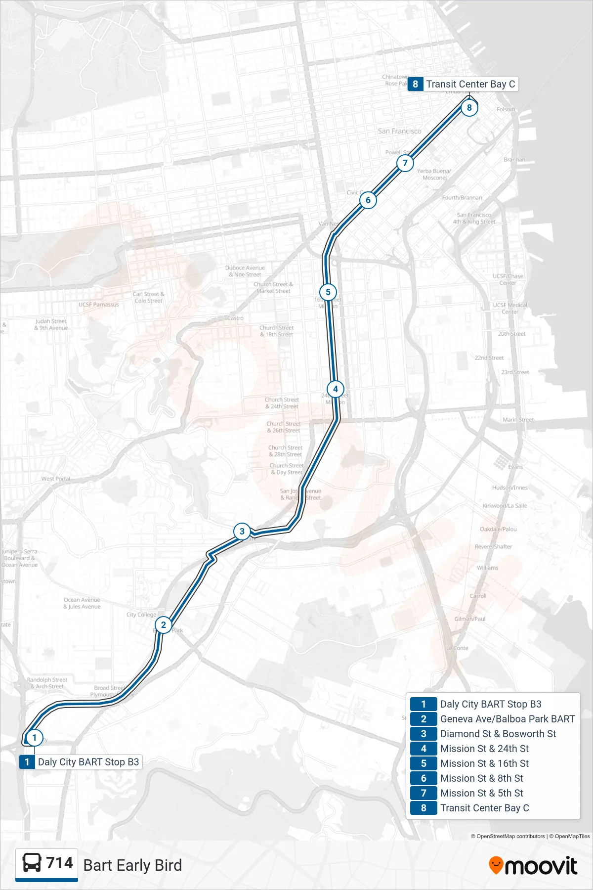 714 bus Line (Transit Center) route and stops on a map