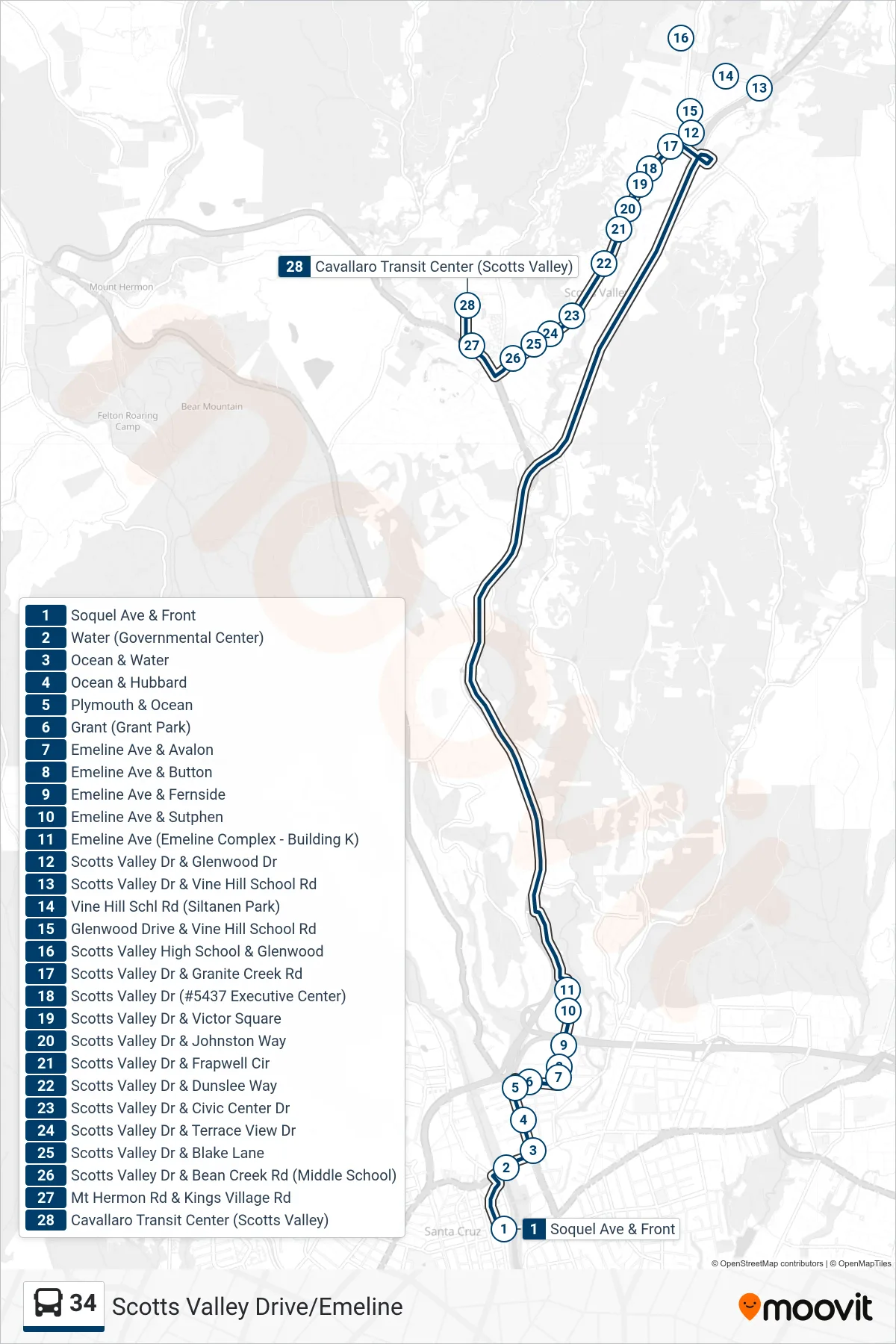 34 bus Line (Scotts Valley Drive/Emeline) route and stops on a map