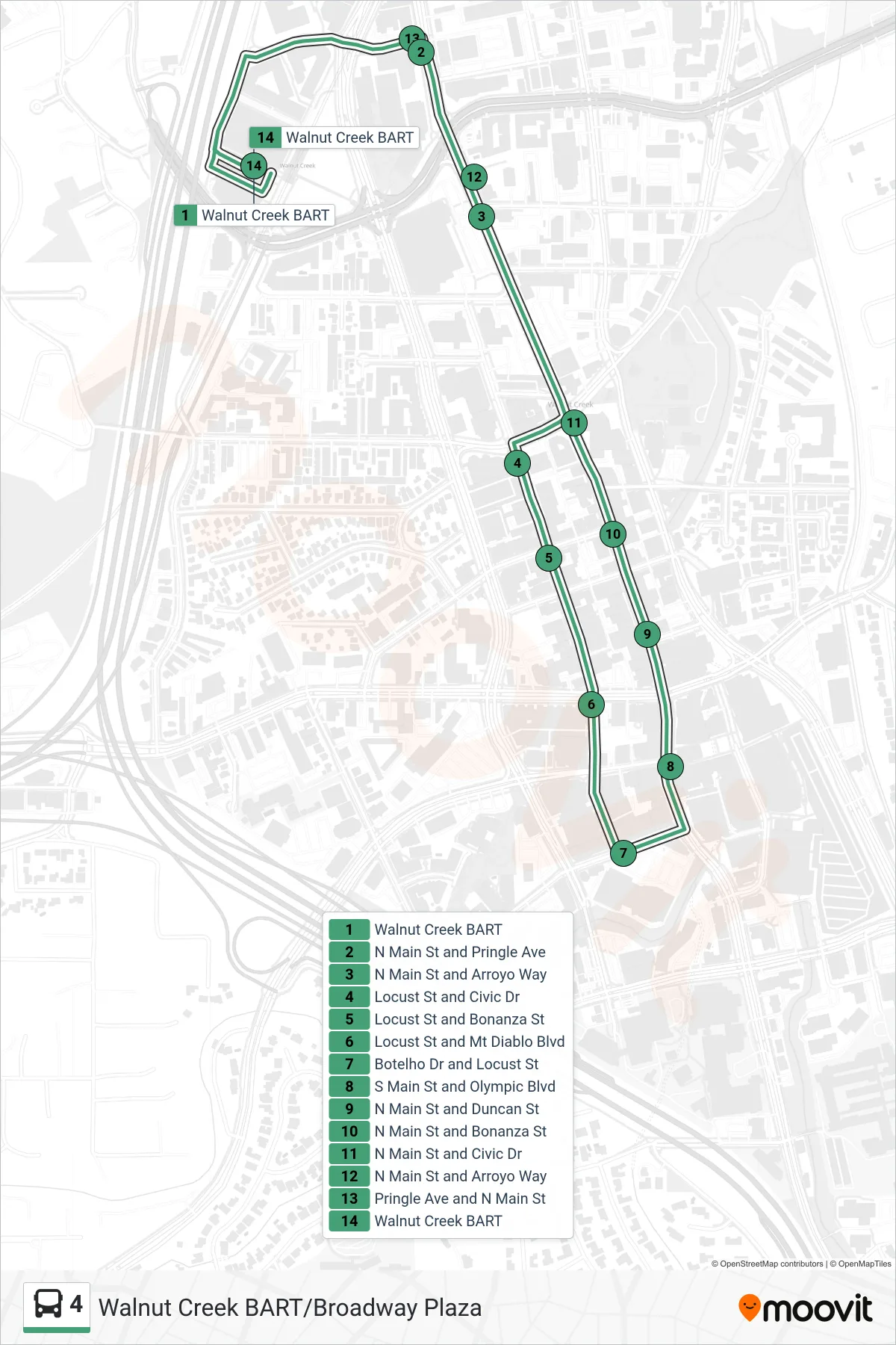 4 bus Line (Broadway Plaza / Downtown) route and stops on a map