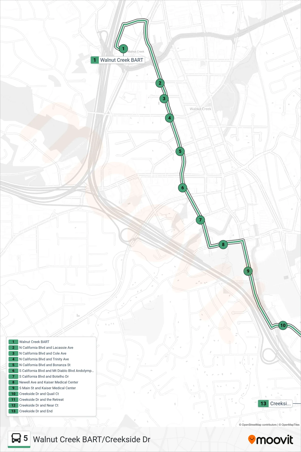 5 bus Line (Creekside) route and stops on a map