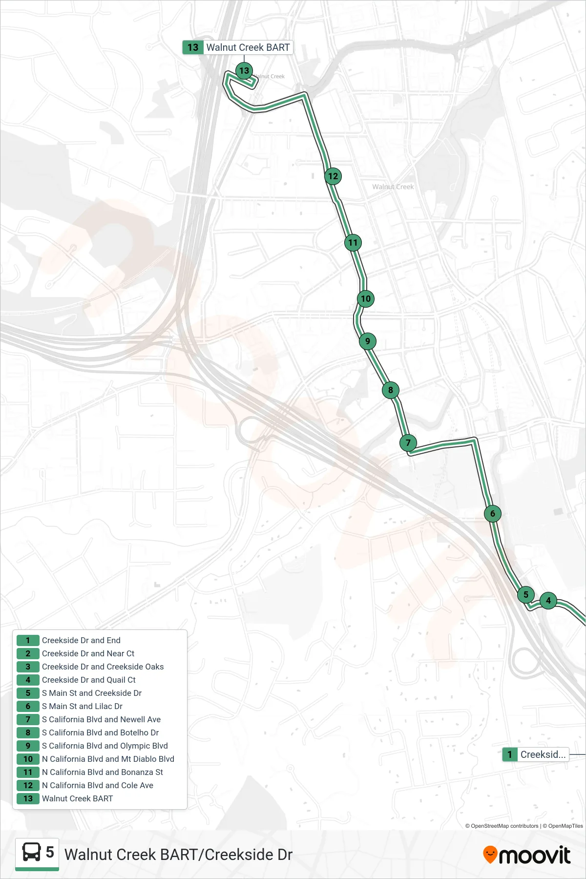 5 bus Line (Walnut Creek BART) route and stops on a map
