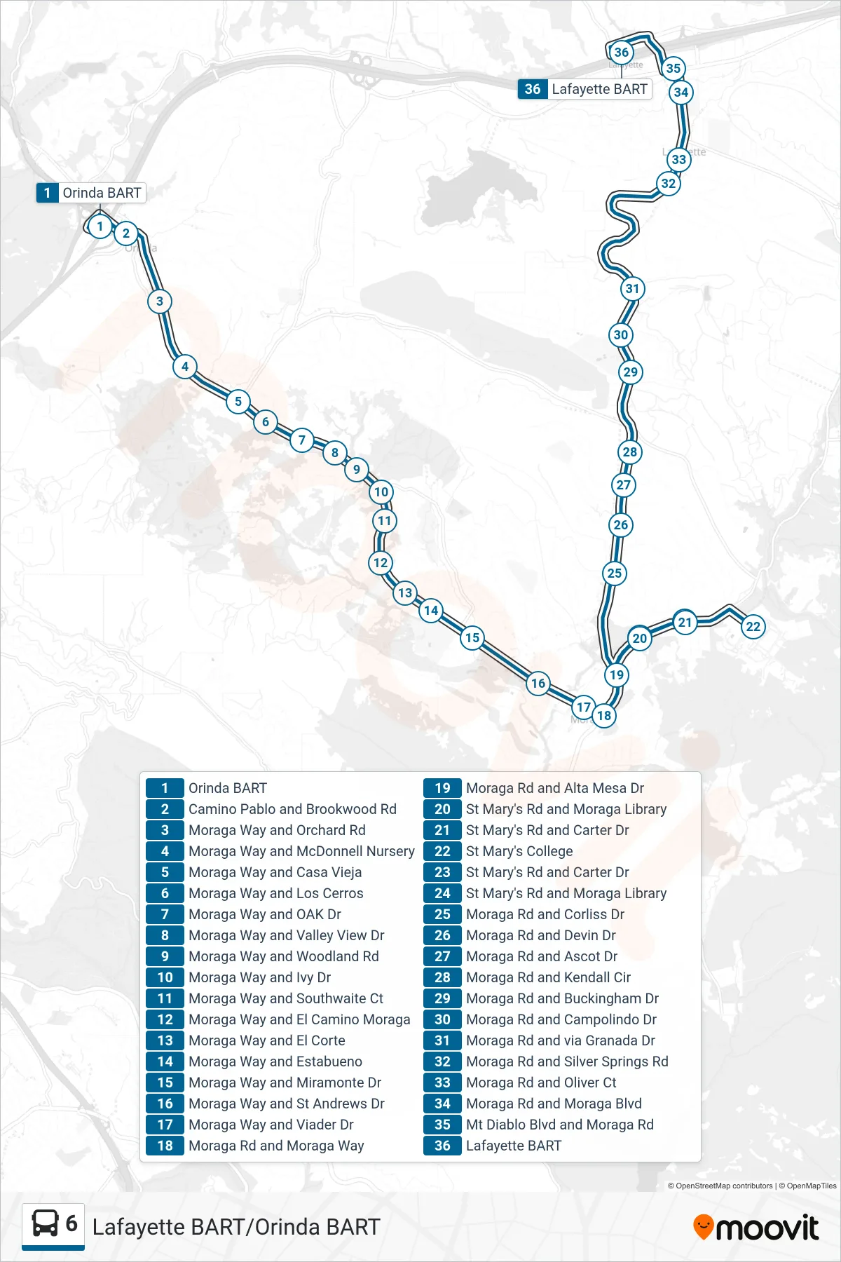 6 bus Line (Lafayette BART via St. Mary's College) route and stops on a map