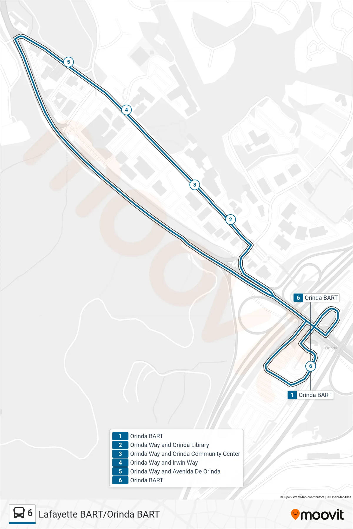 6 bus Line (Orinda BART via Orinda Village) route and stops on a map