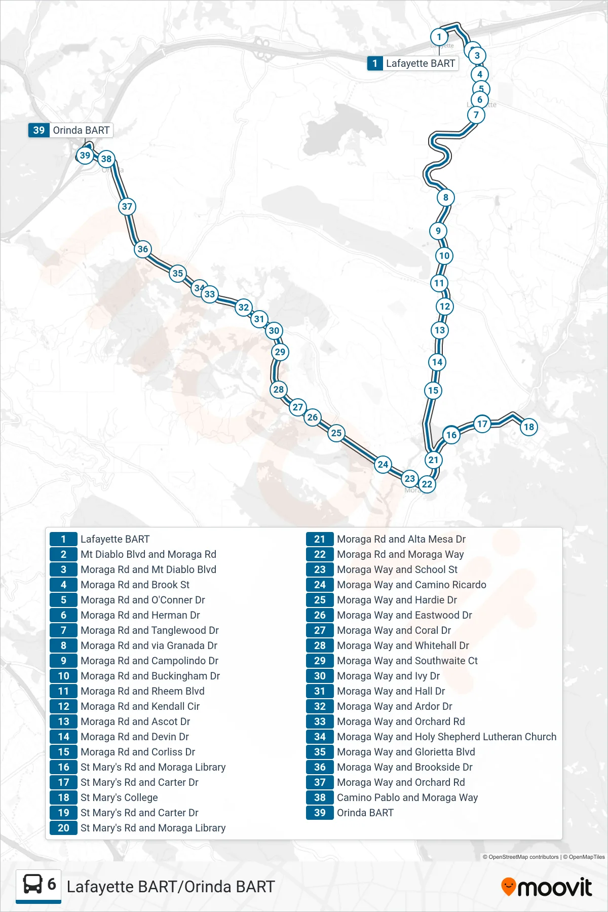 6 bus Line (Orinda BART via St. Mary's College) route and stops on a map