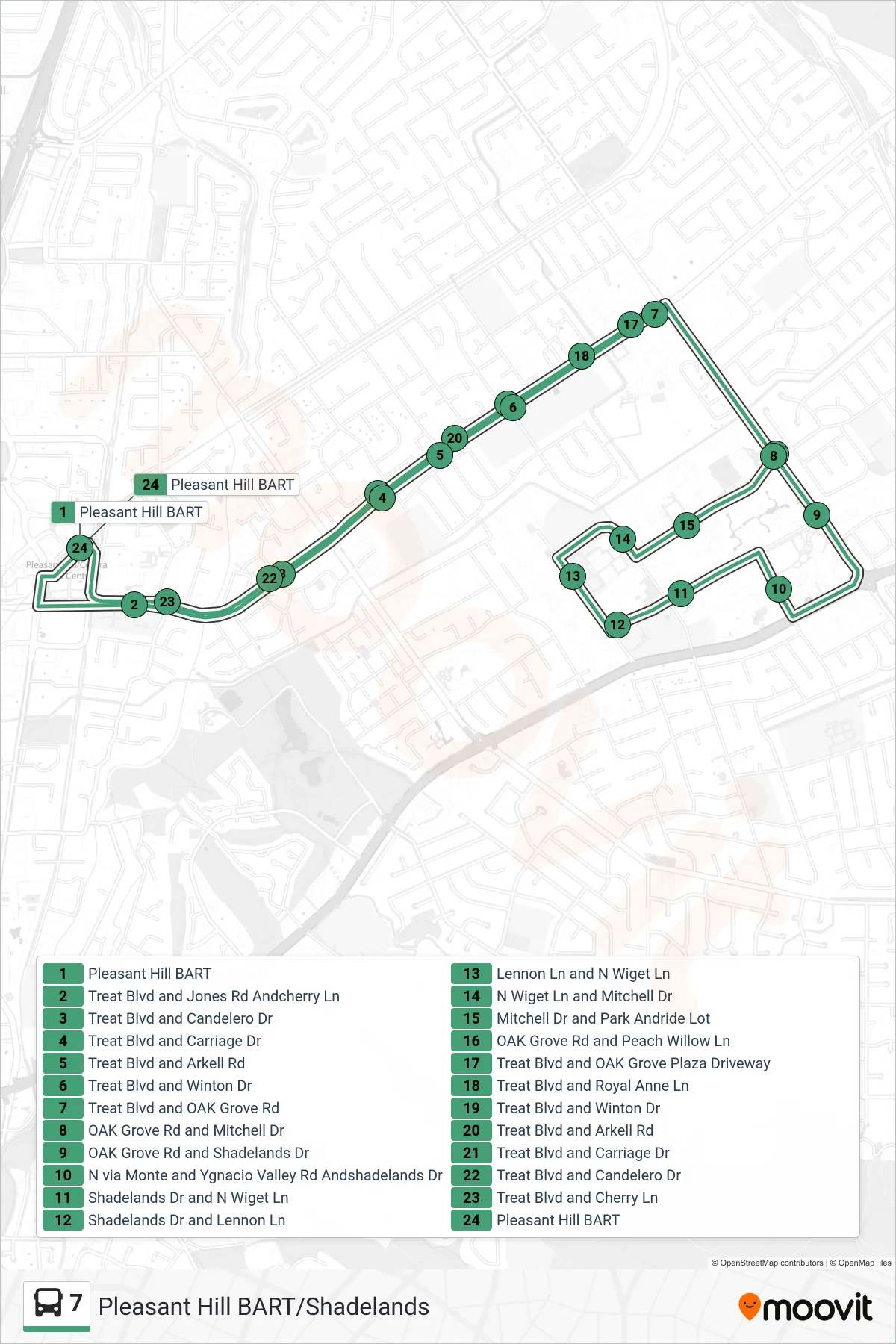 7 bus Line (Shadelands Shuttle - Mitchell P&R) route and stops on a map