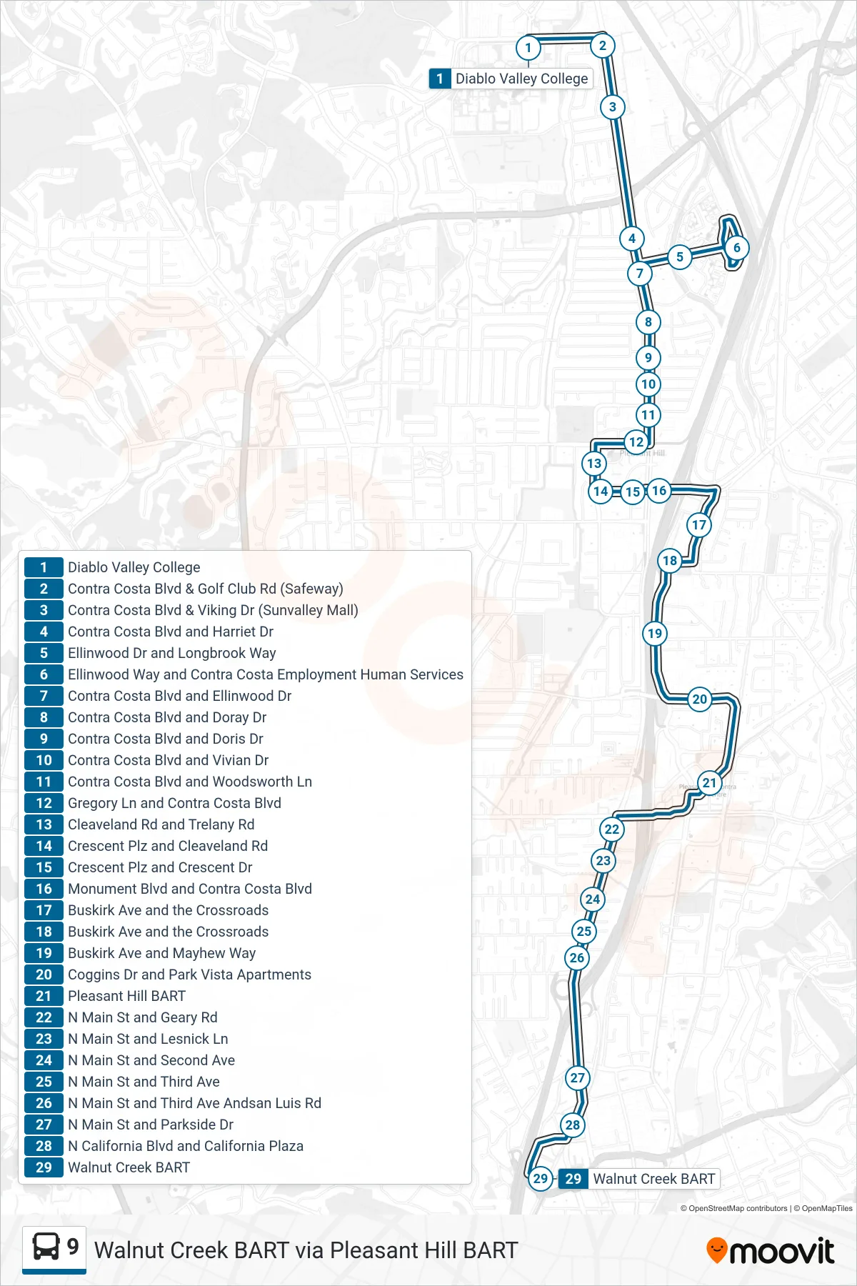 9 bus Line (Walnut Creek BART via Pleasant Hill BART) route and stops on a map