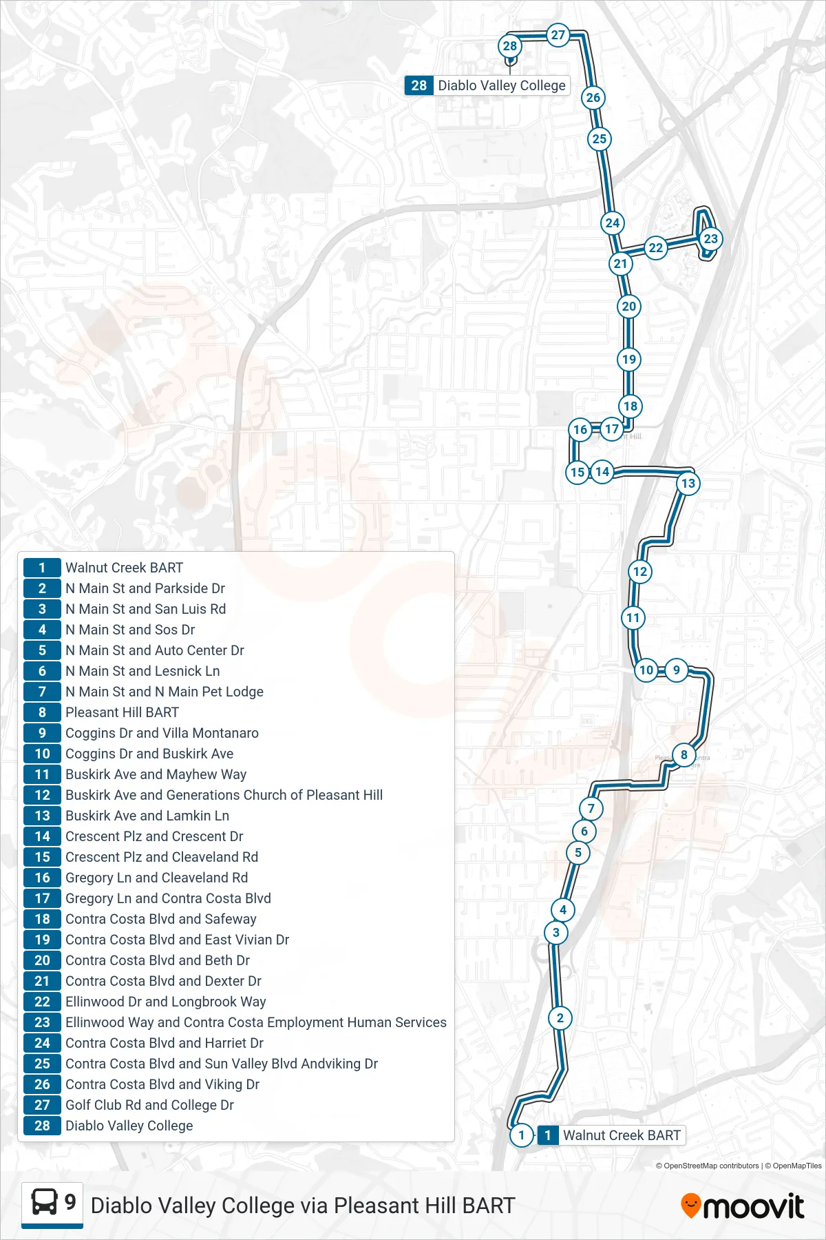 9 bus Line (Diablo Valley College via Pleasant Hill BART) route and stops on a map