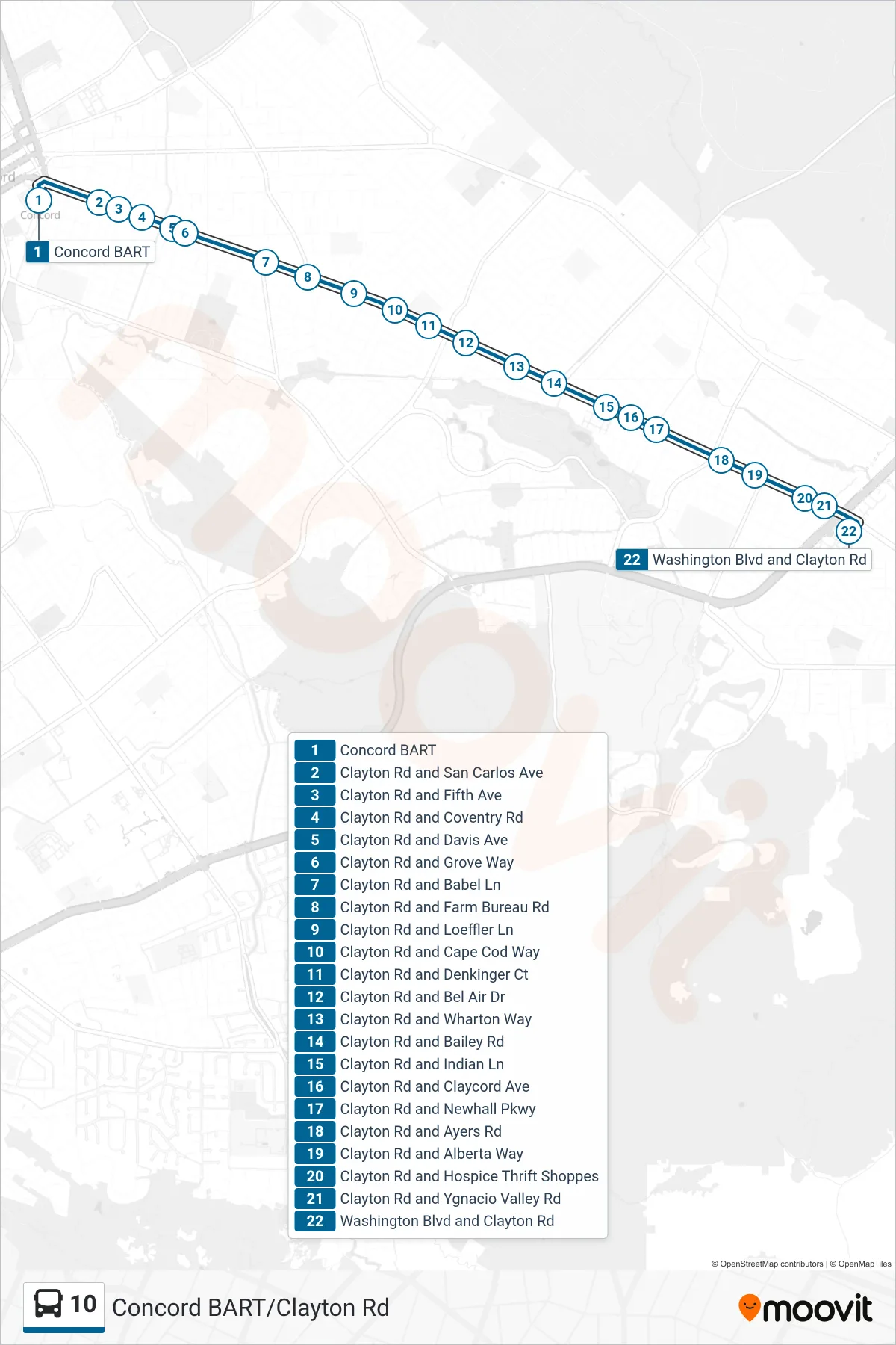 10 bus Line (Washington & Clayton via Clayton Rd) route and stops on a map