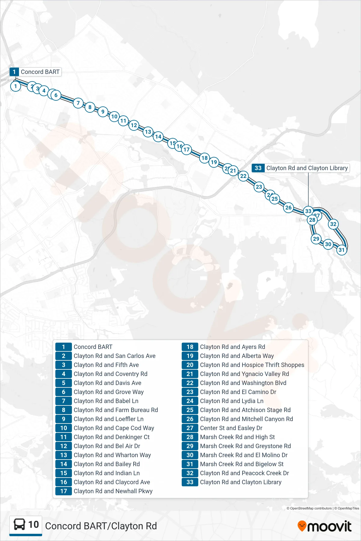 10 bus Line (Clayton) route and stops on a map