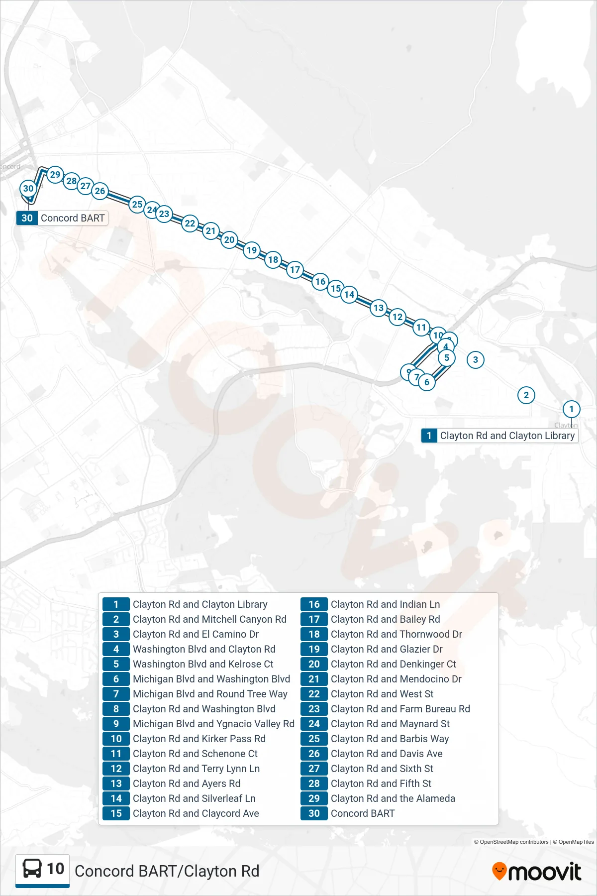 10 bus Line (Concord BART) route and stops on a map
