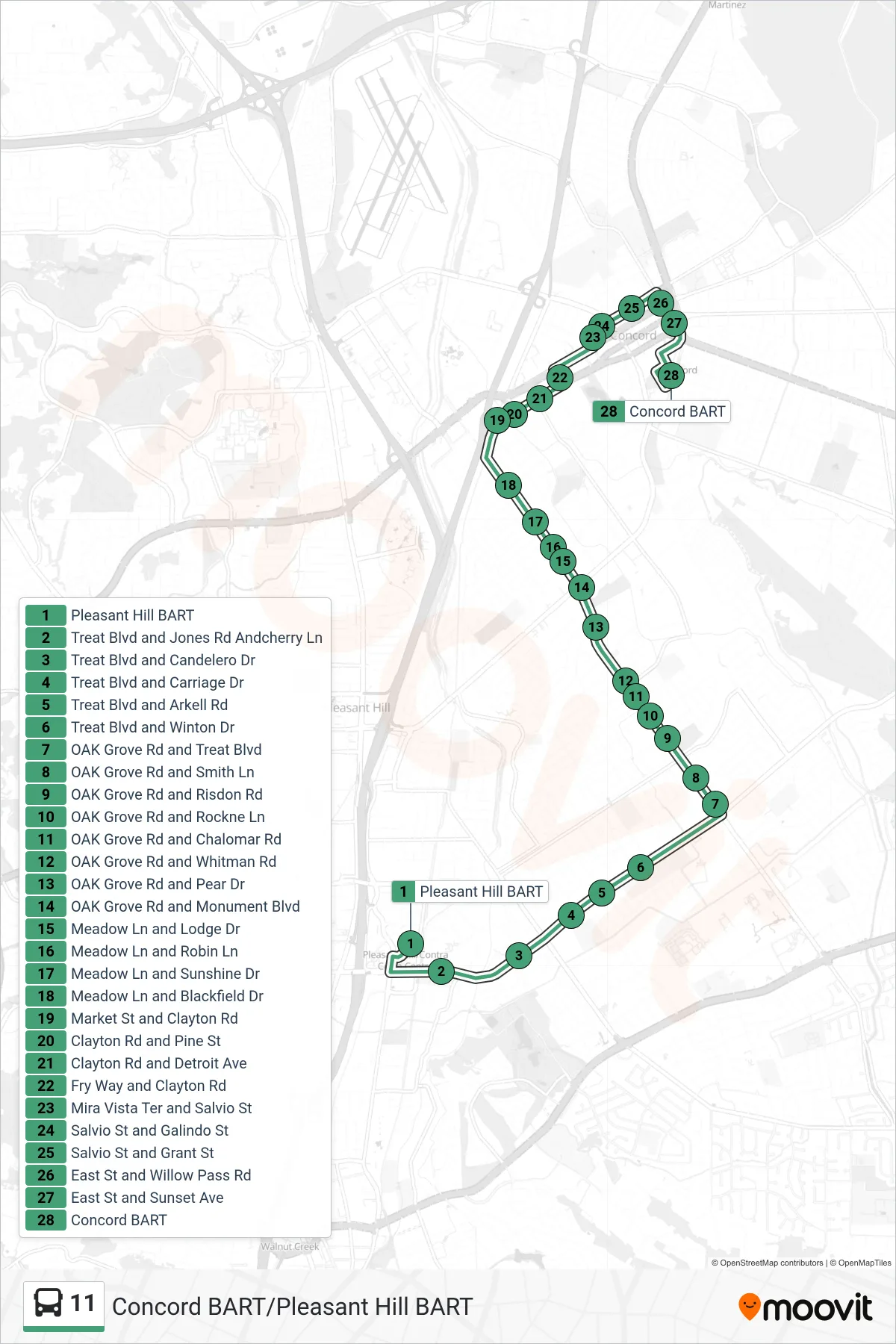 11 bus Line (Concord BART) route and stops on a map