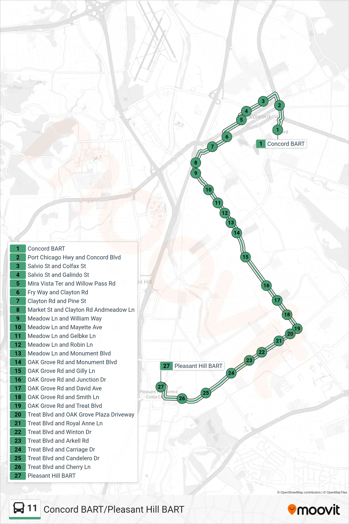 11 bus Line (Pleasant Hill BART) route and stops on a map