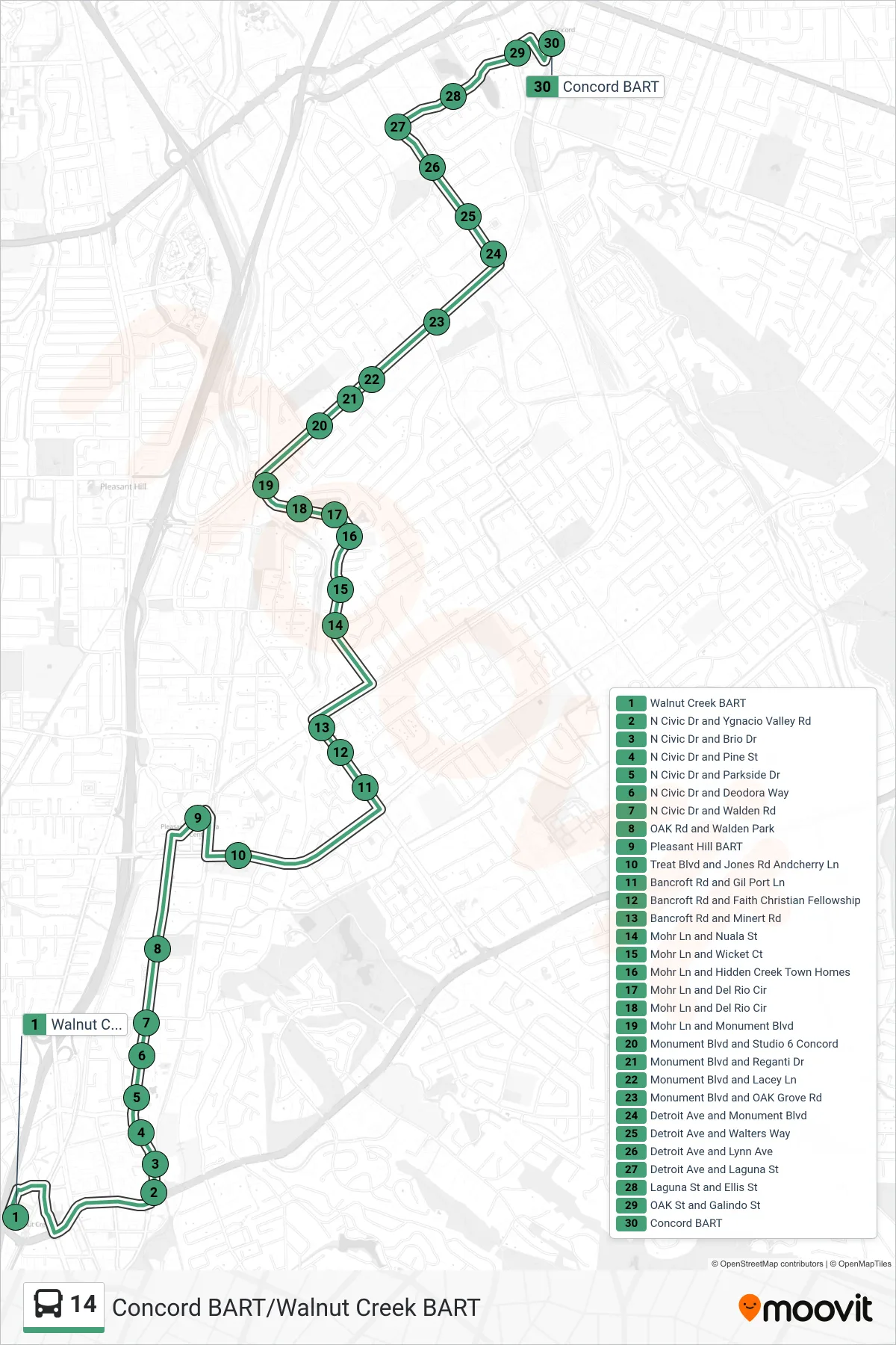 14 bus Line (Concord BART via Pleasant Hill BART) route and stops on a map