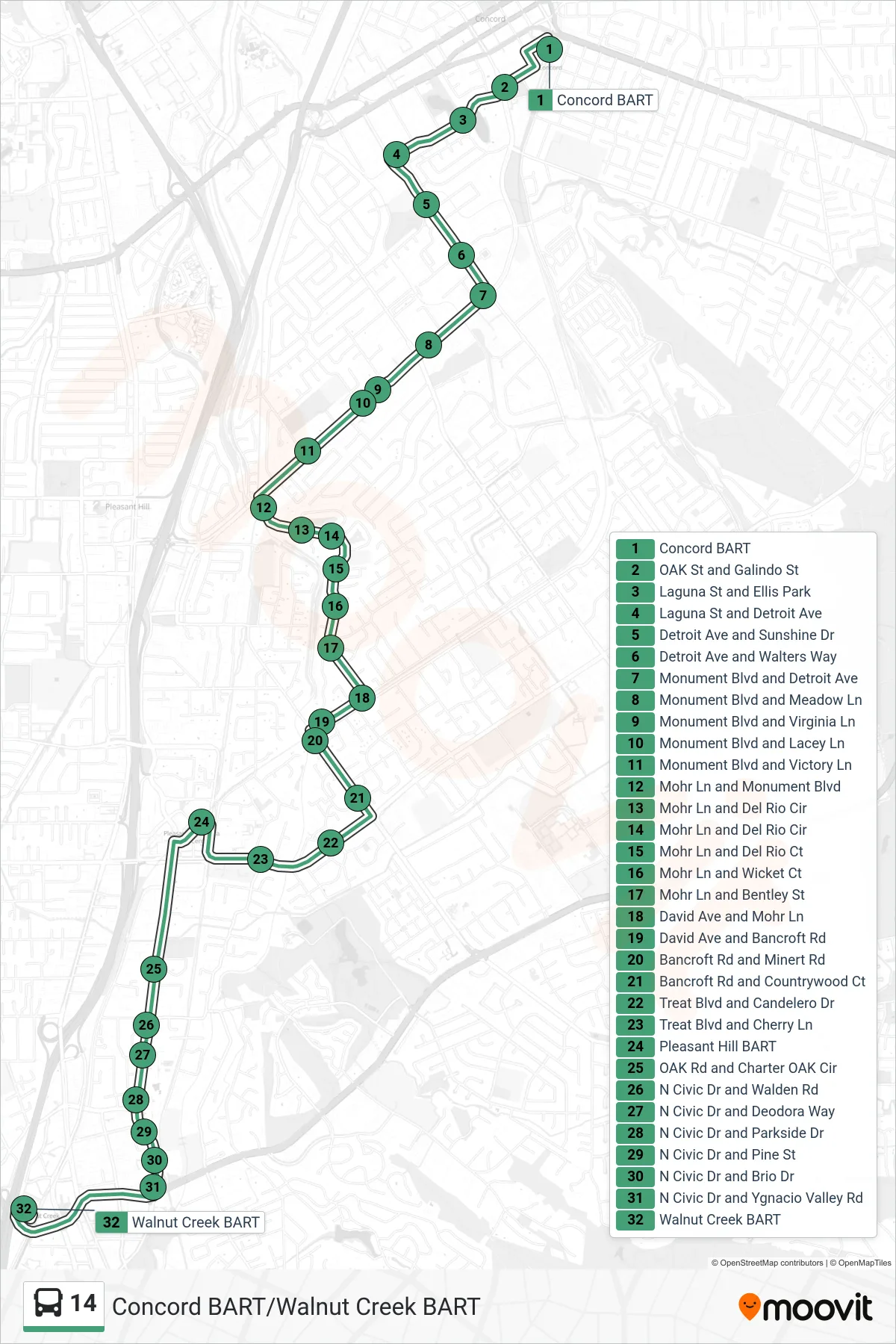 14 bus Line (Walnut Creek BART via Pleasant Hill BART) route and stops on a map