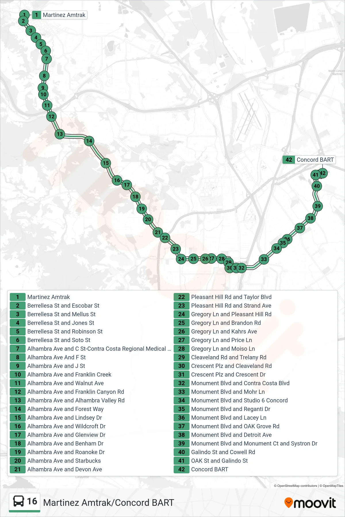 16 bus Line (Concord BART via Downtown Pleasant Hill) route and stops on a map