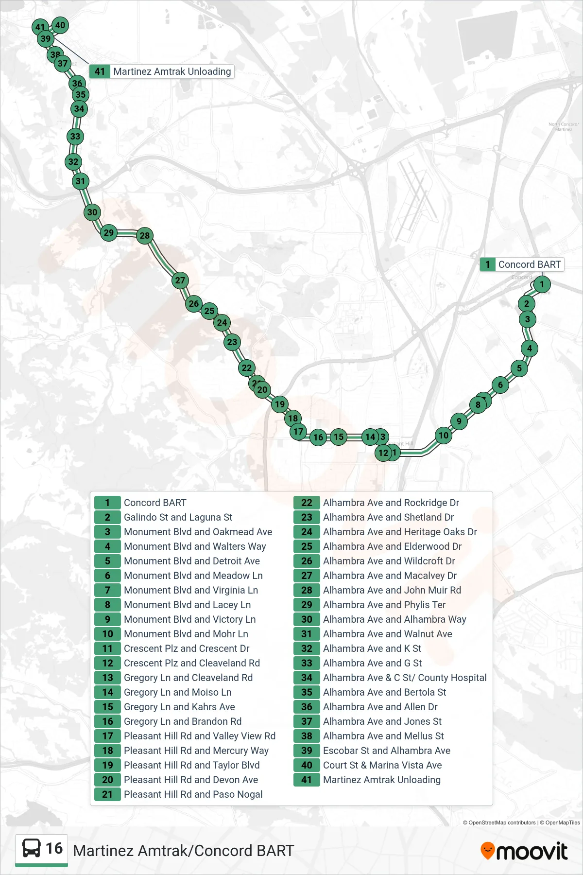 16 bus Line (Martinez Amtrak via Downtown Pleasant Hill) route and stops on a map