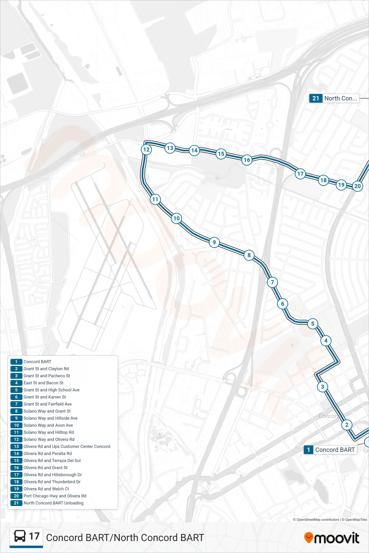17 bus Line (North Concord BART via John Muir Medical Ctr) route and stops on a map