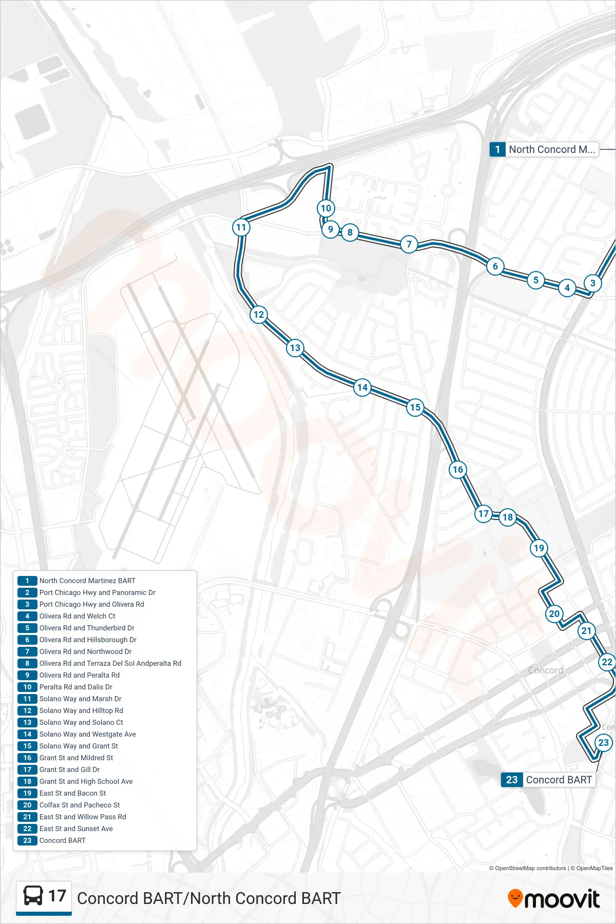 17 bus Line (Concord BART via John Muir Medical Ctr) route and stops on a map