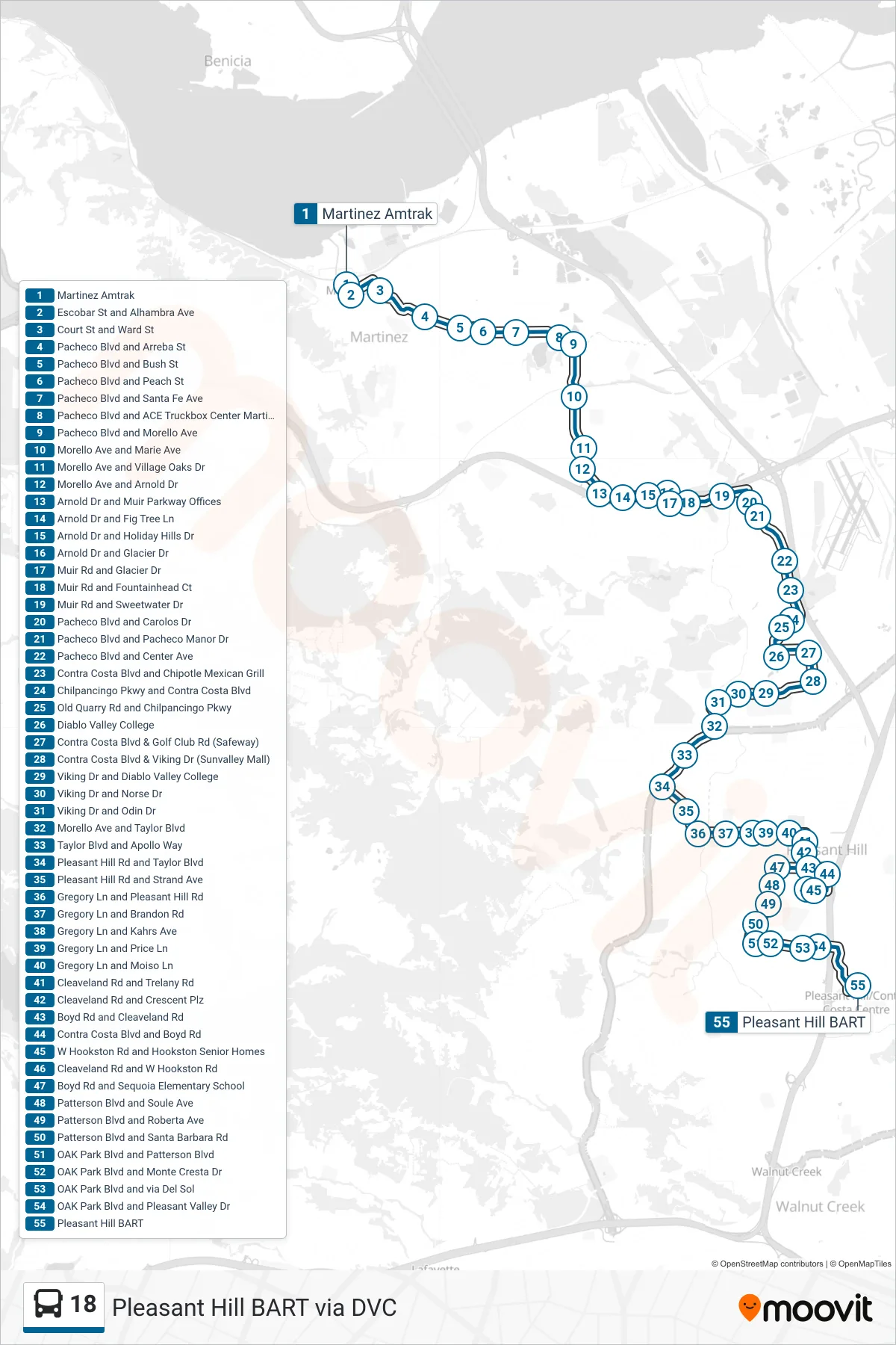 18 bus Line (Pleasant Hill BART via DVC) route and stops on a map