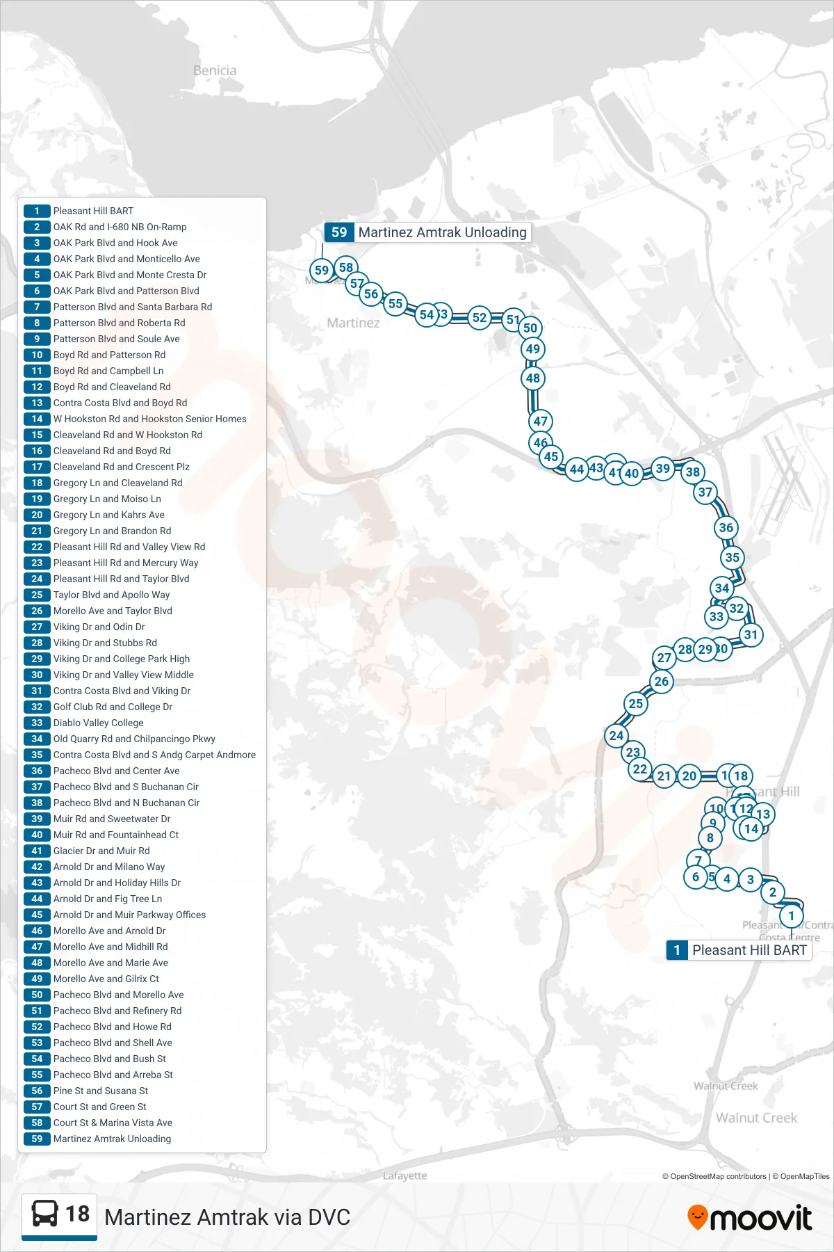 18 bus Line (Martinez Amtrak via DVC) route and stops on a map