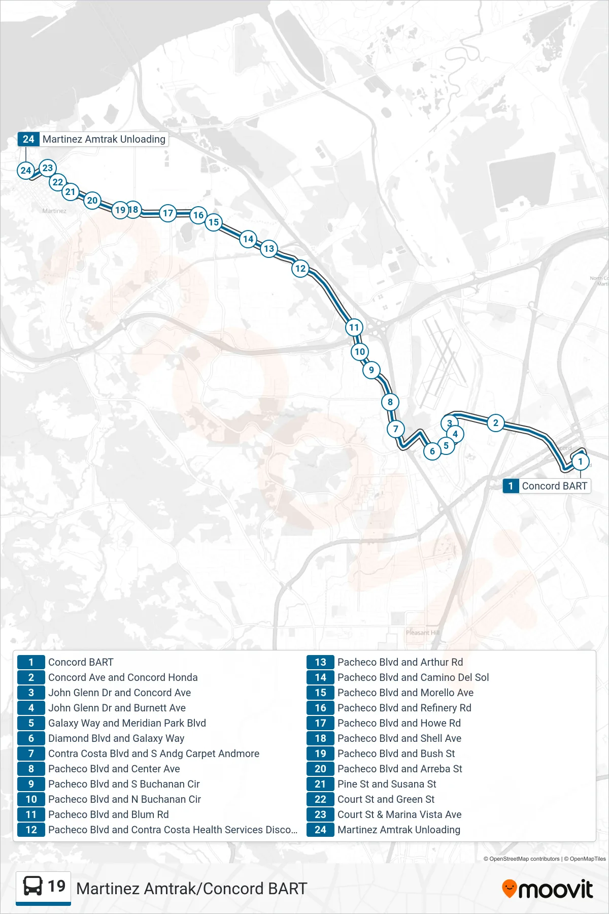 19 bus Line (Martinez Amtrak via Pacheco Blvd.) route and stops on a map