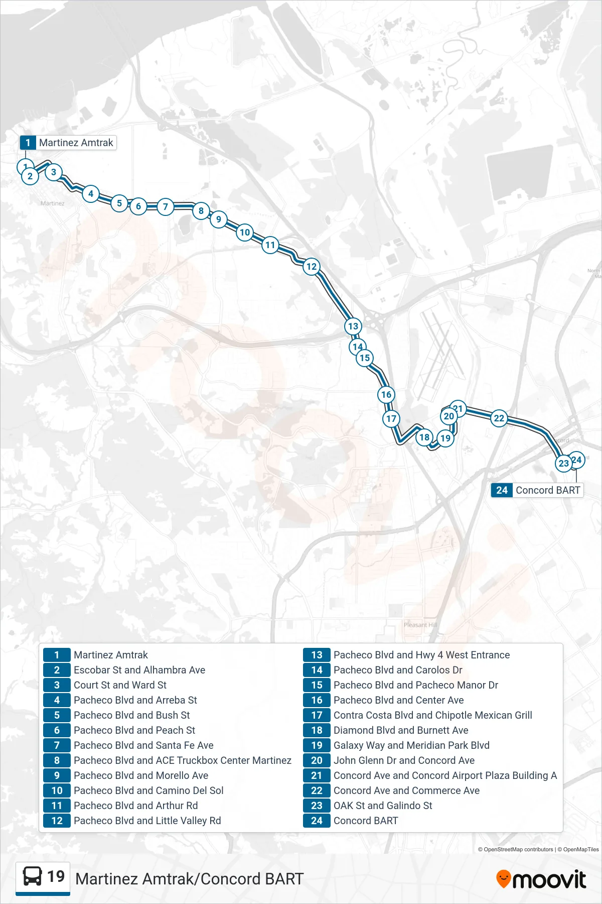 19 bus Line (Concord BART via Pacheco Blvd.) route and stops on a map