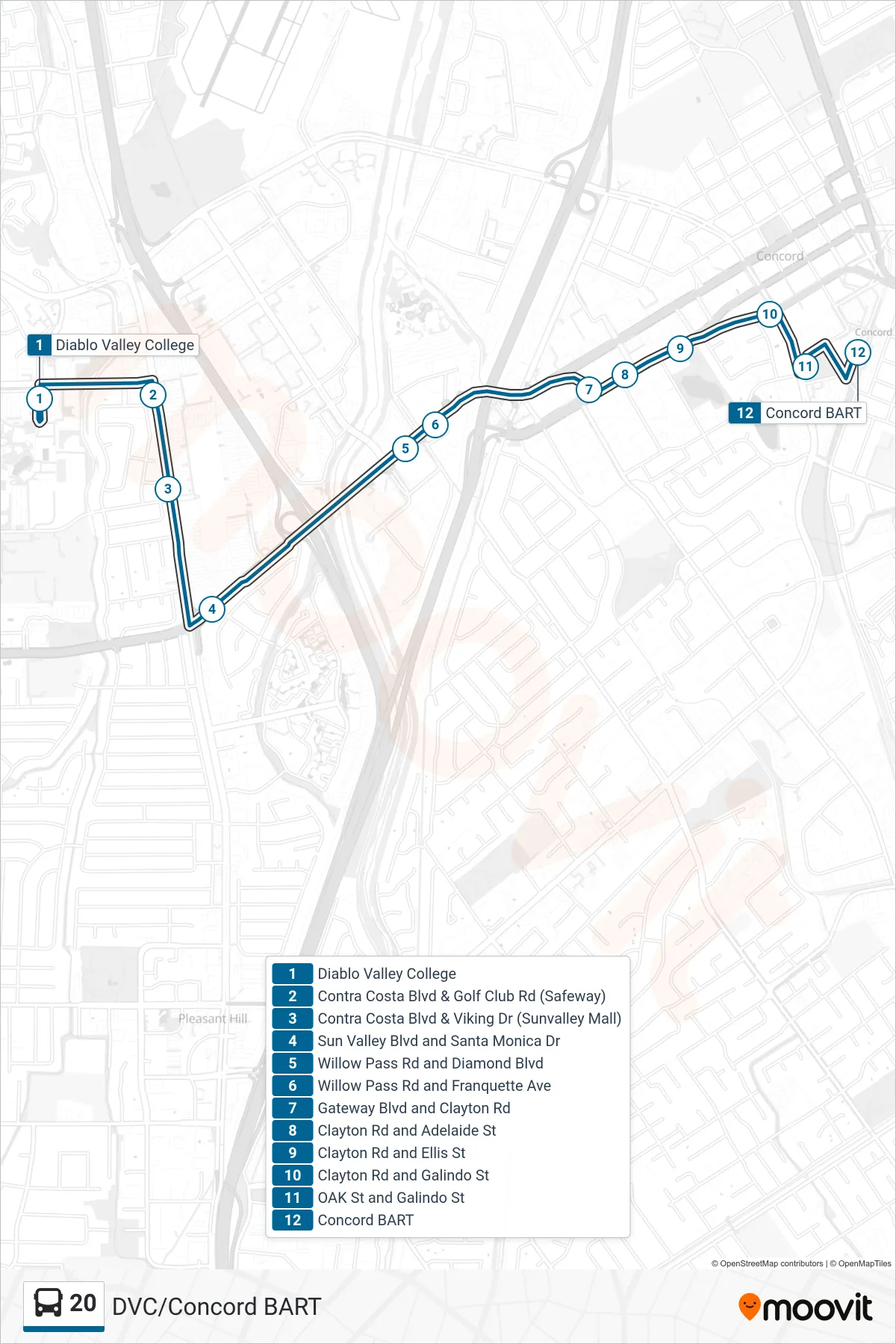 20 bus Line (Concord BART) route and stops on a map