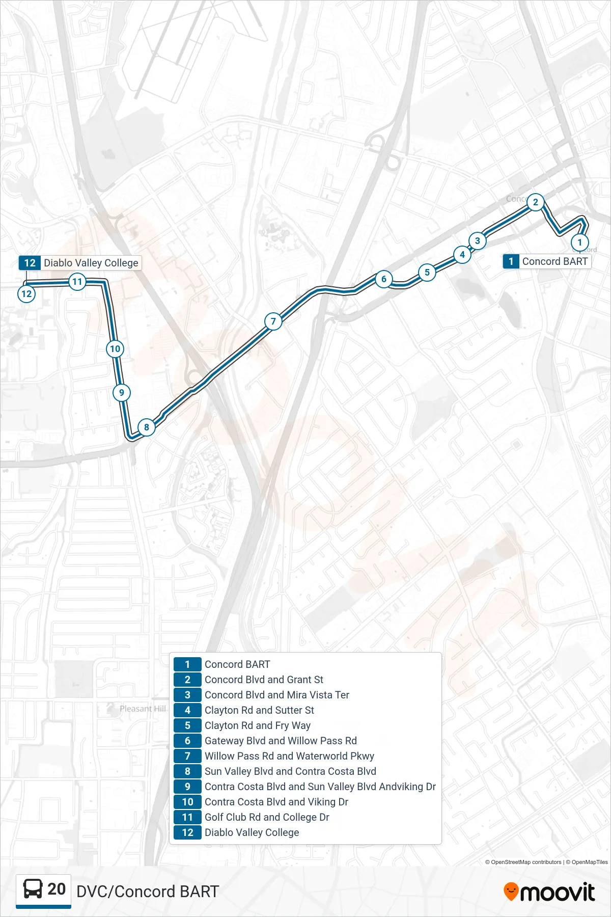 20 bus Line (Diablo Valley College) route and stops on a map