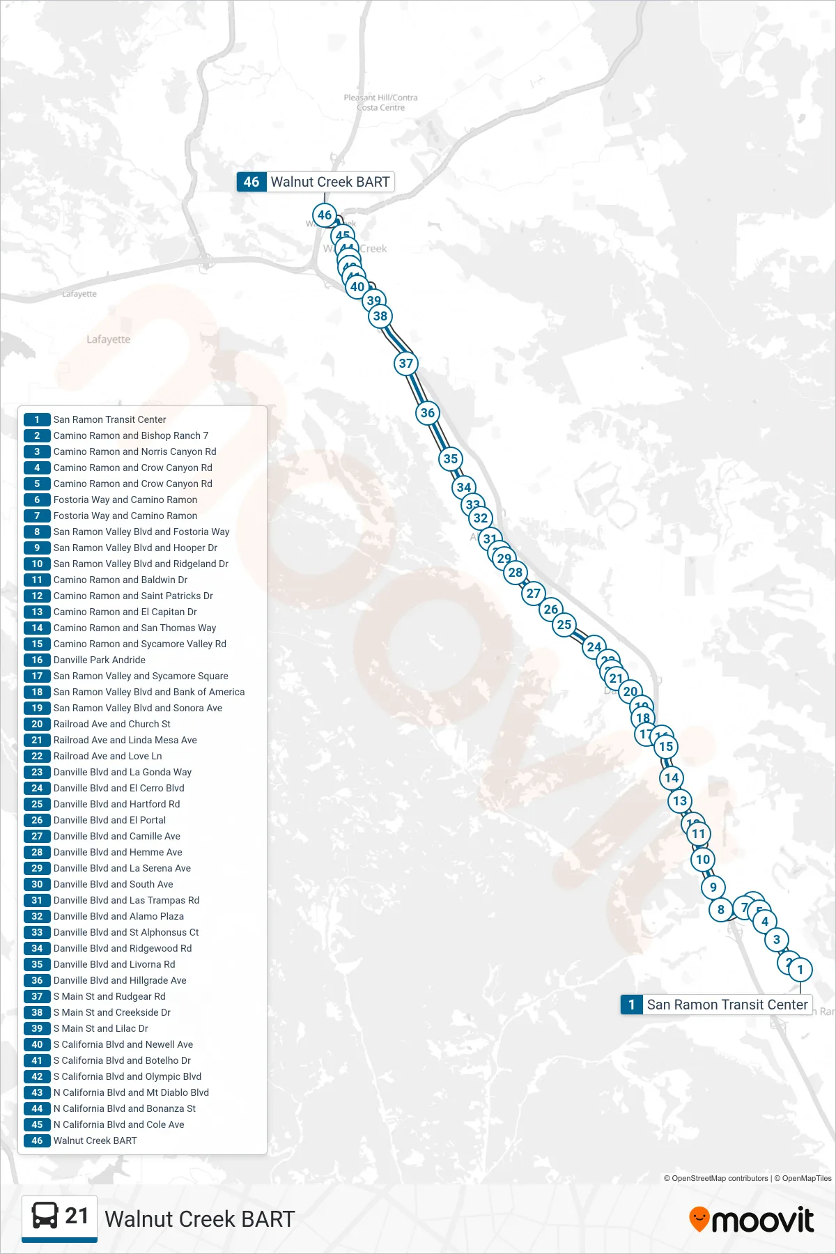 21 bus Line (Walnut Creek BART) route and stops on a map