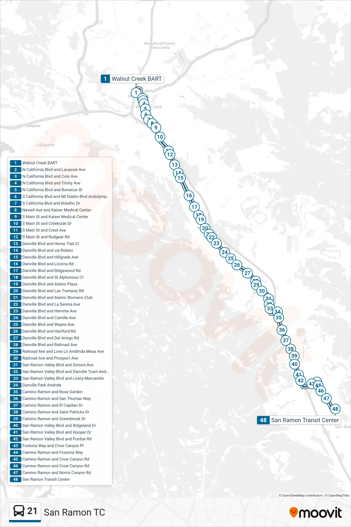 21 bus Line (San Ramon TC) route and stops on a map