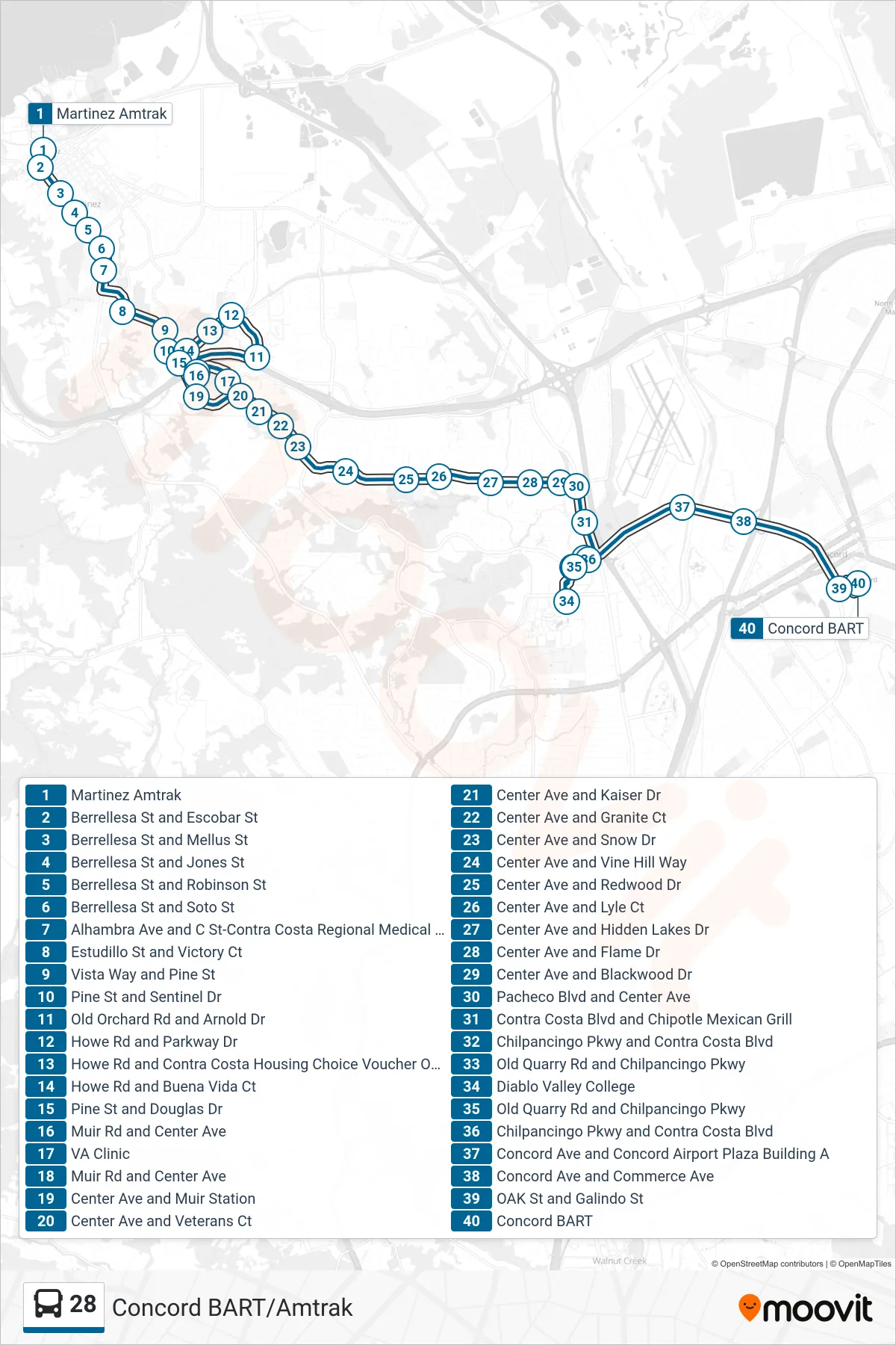 28 bus Line (Concord BART via VA Clinic and DVC) route and stops on a map