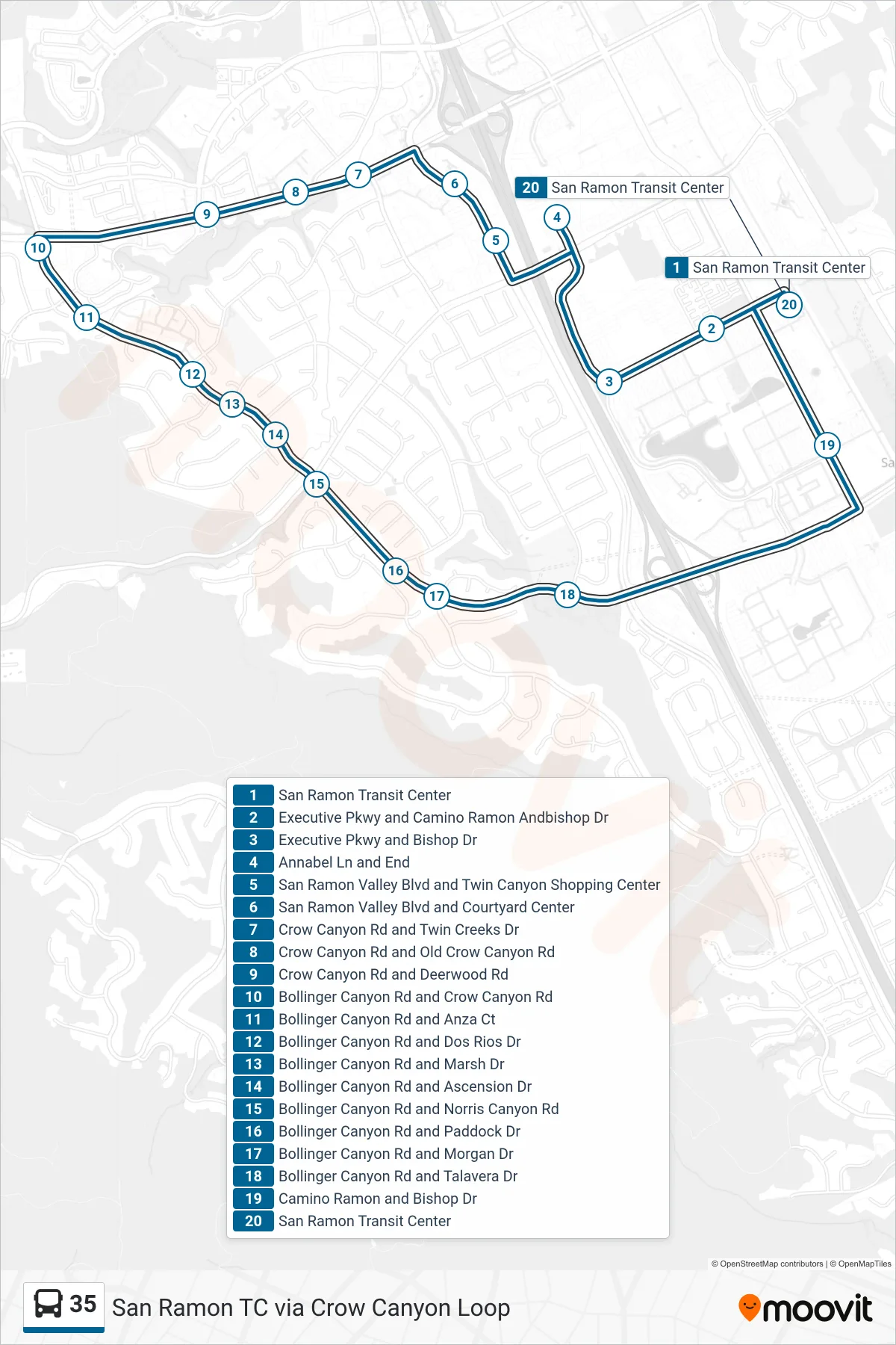 35 bus Line (San Ramon TC via Crow Canyon Loop) route and stops on a map