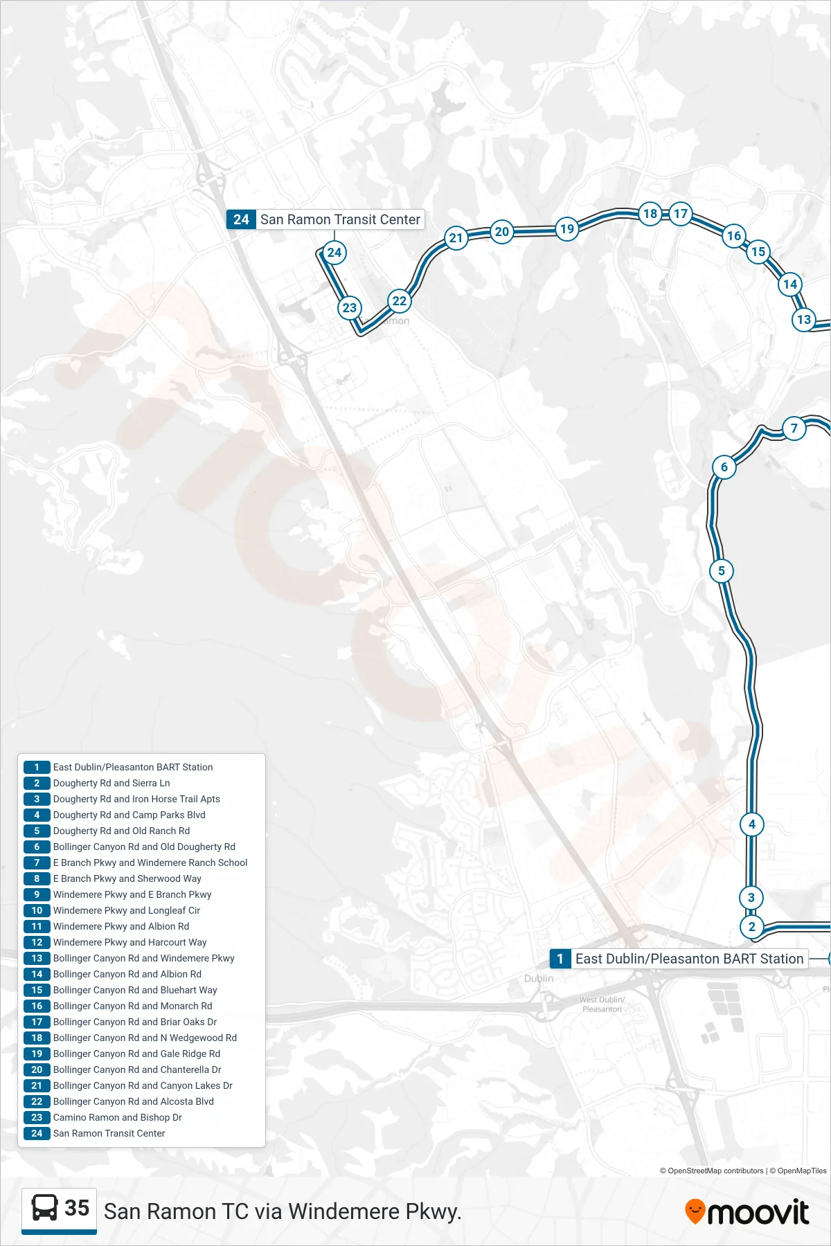 35 bus Line (San Ramon TC via Windemere Pkwy.) route and stops on a map