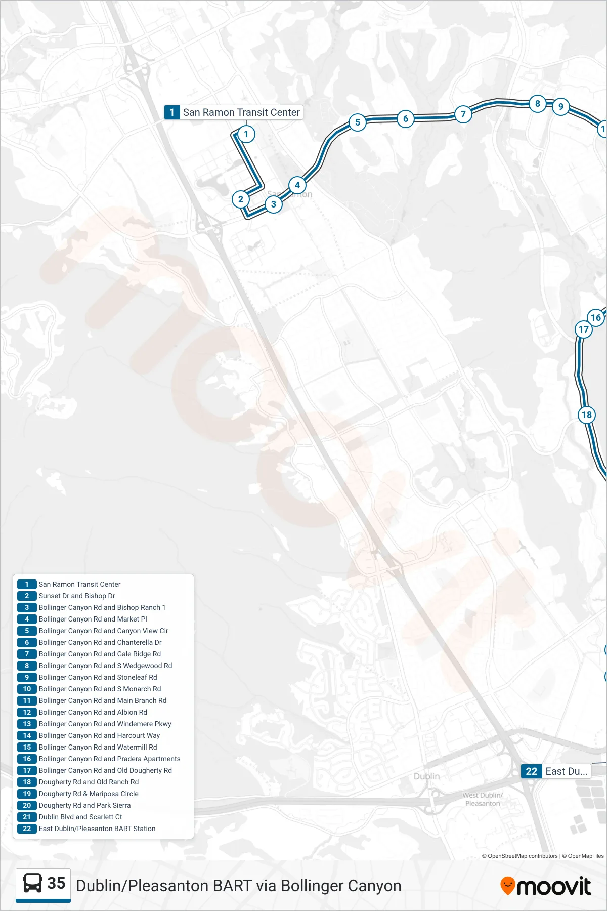 35 bus Line (Dublin/Pleasanton BART via Bollinger Canyon) route and stops on a map