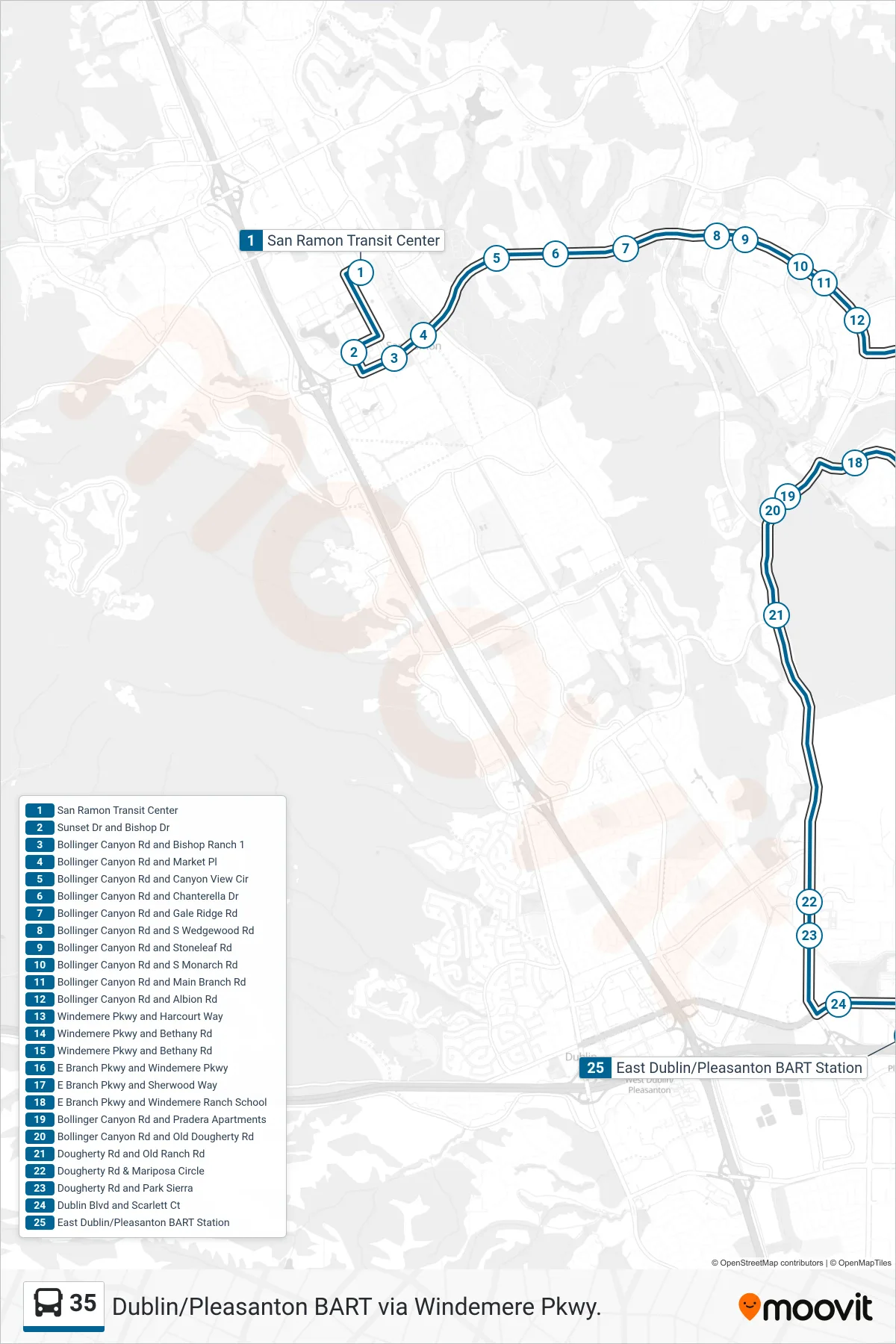 35 bus Line (Dublin/Pleasanton BART via Windemere Pkwy.) route and stops on a map