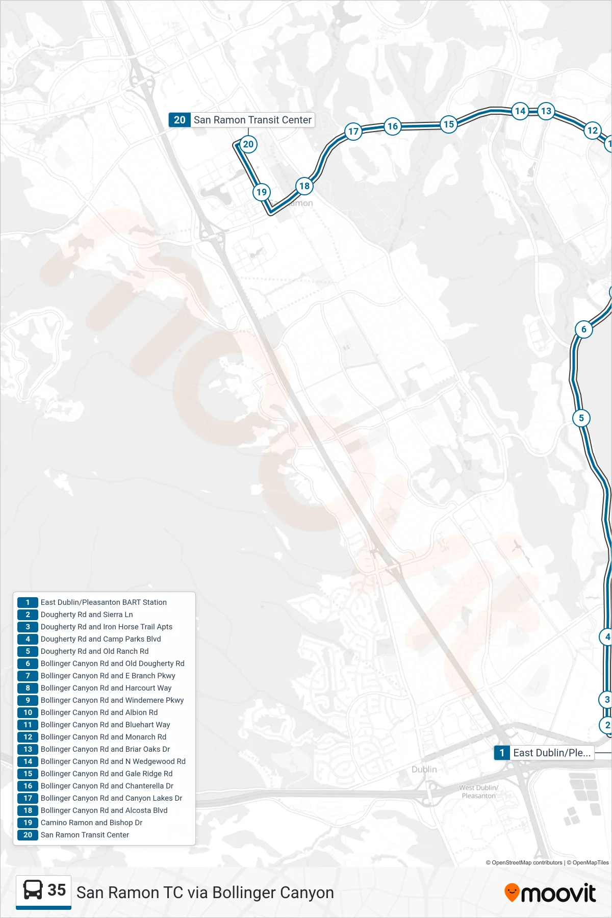 35 bus Line (San Ramon TC via Bollinger Canyon) route and stops on a map