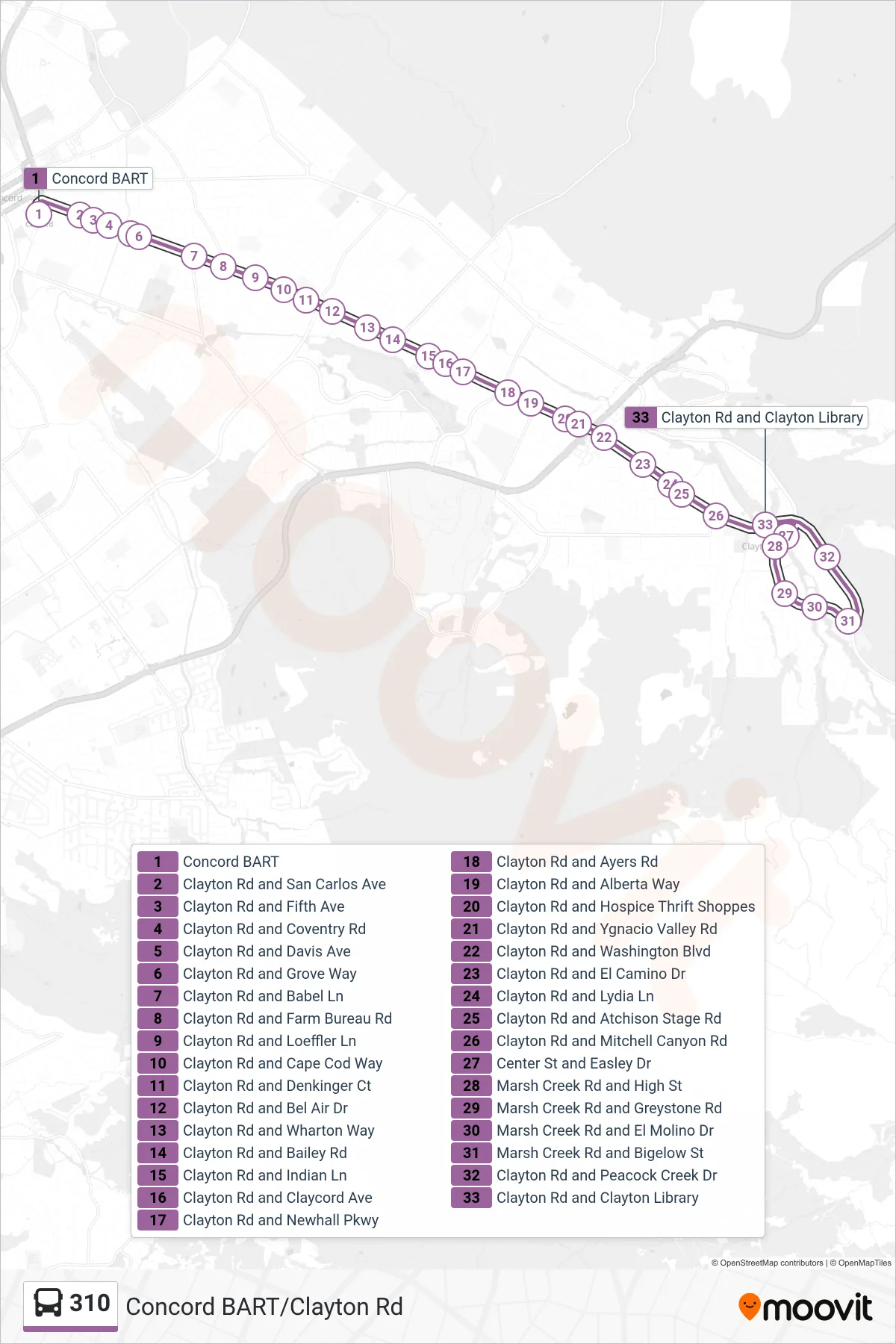 310 bus Line (Clayton) route and stops on a map