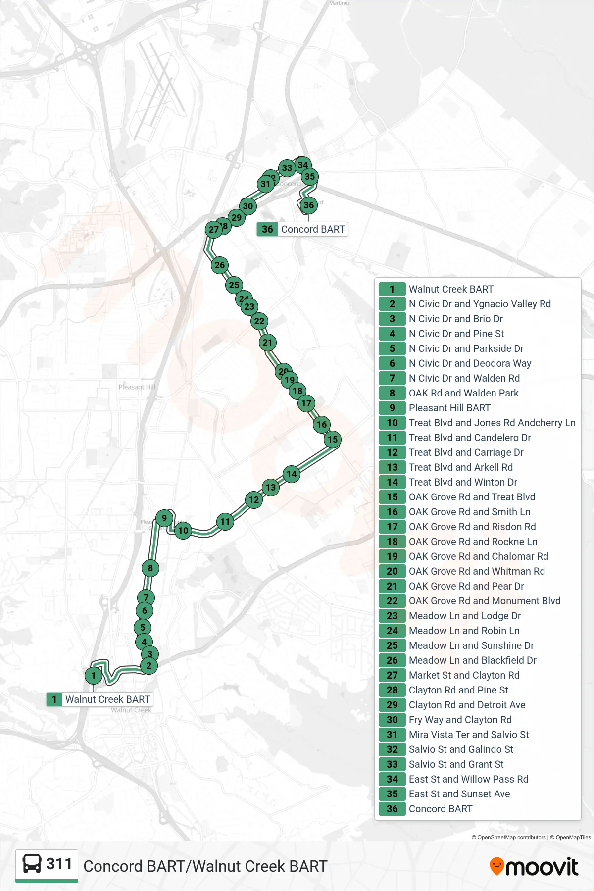 311 bus Line (Concord BART via Pleasant Hill BART) route and stops on a map