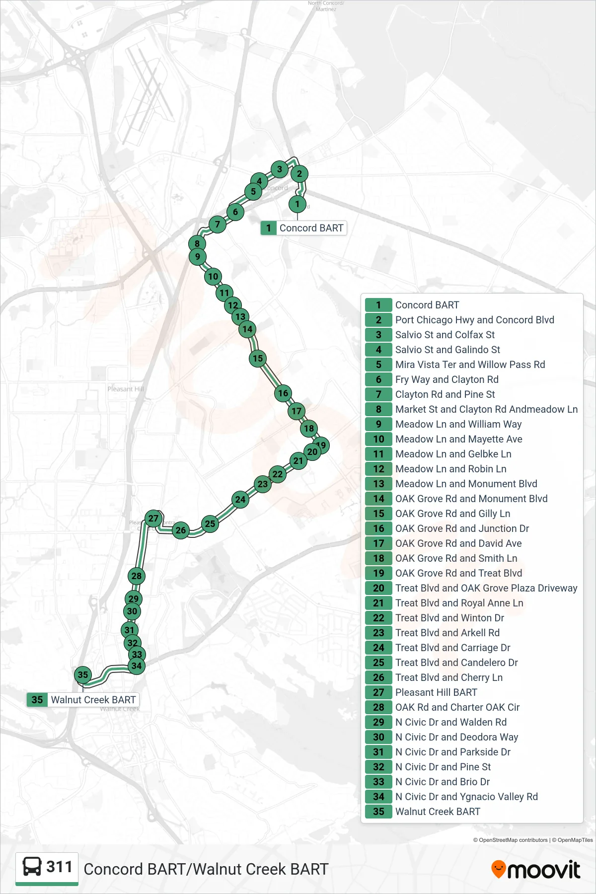 311 bus Line (Walnut Creek BART via Pleasant Hill BART) route and stops on a map