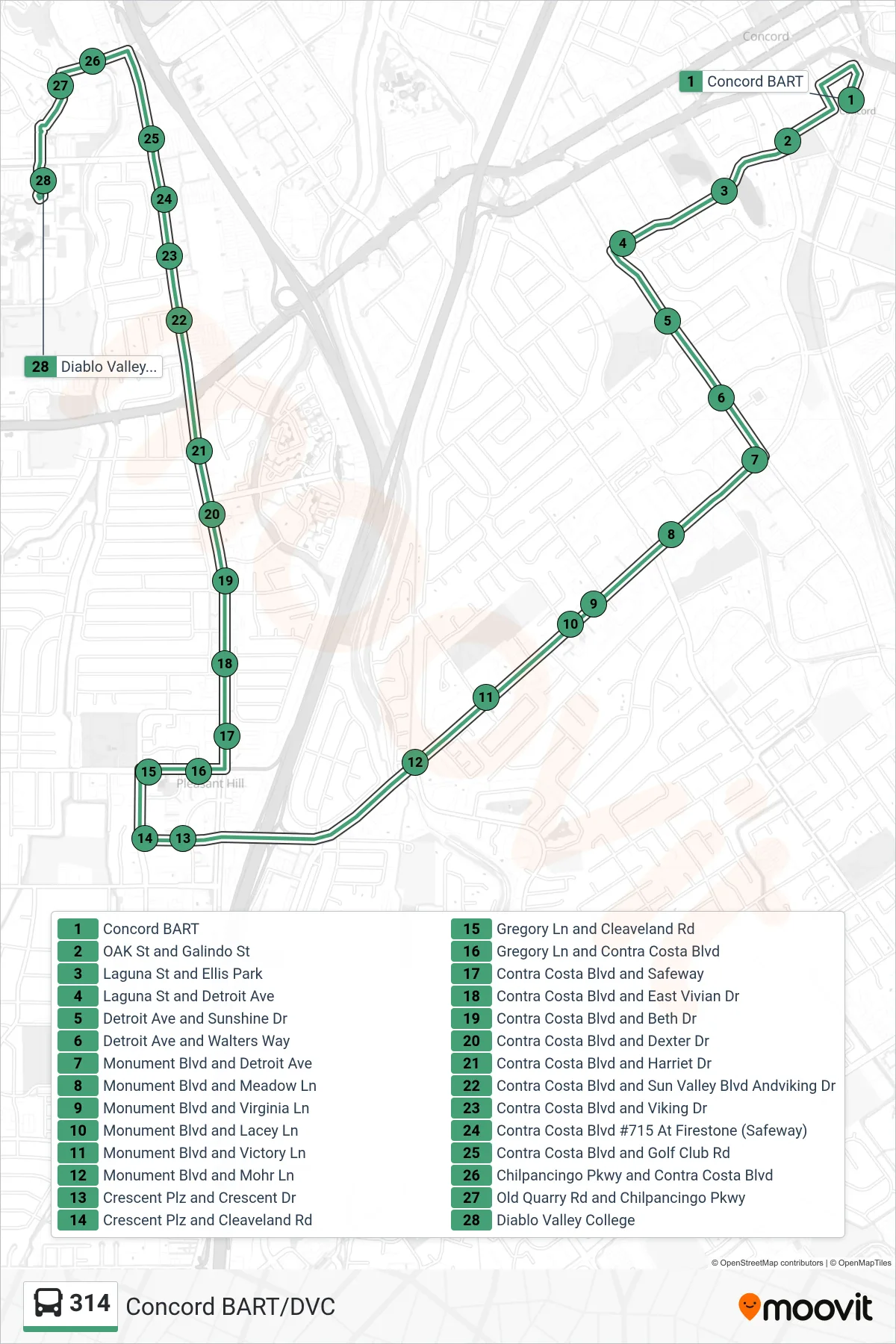 314 bus Line (Diablo Valley College via Downtown Pleasant Hill) route and stops on a map