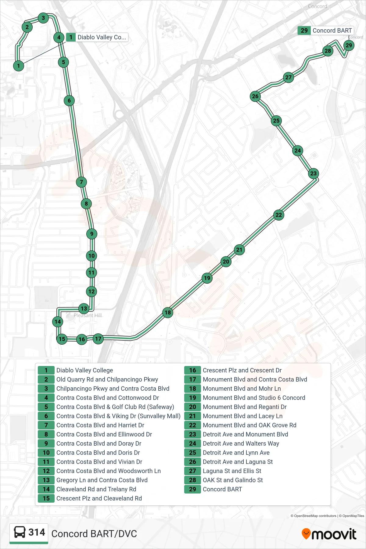 314 bus Line (Concord BART via Downtown Pleasant Hill) route and stops on a map