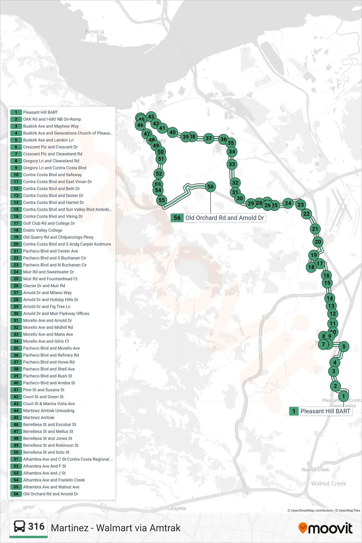 316 bus Line (Martinez - Walmart via Amtrak) route and stops on a map