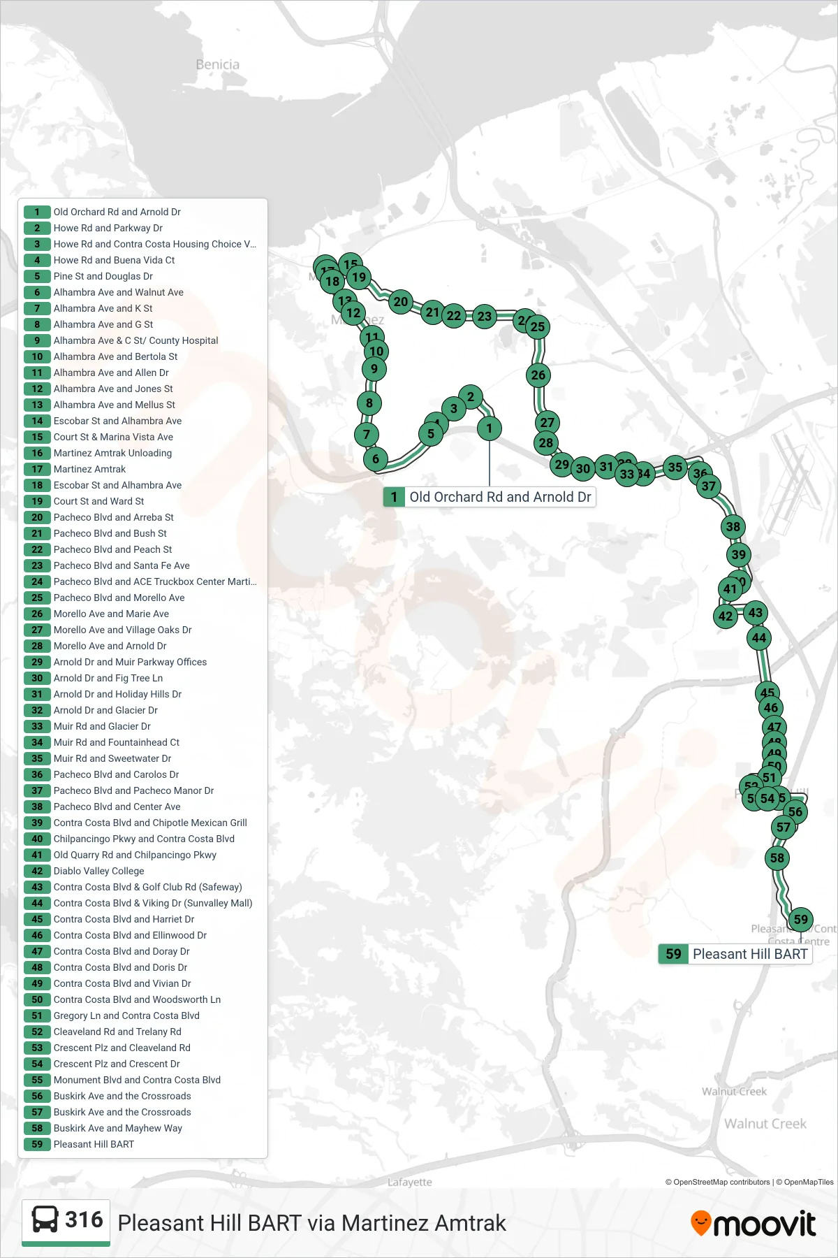 316 bus Line (Pleasant Hill BART via Martinez Amtrak) route and stops on a map