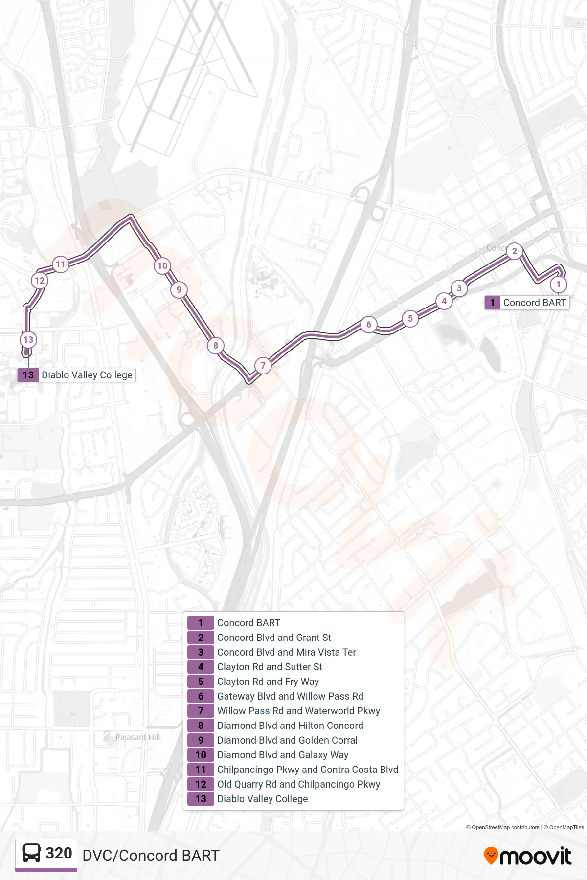 320 bus Line (Diablo Valley College via Diamond Blvd.) route and stops on a map