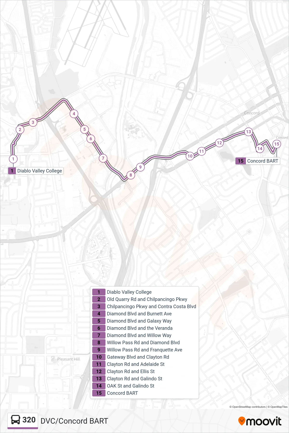 320 bus Line (Concord BART via Diamond Blvd.) route and stops on a map