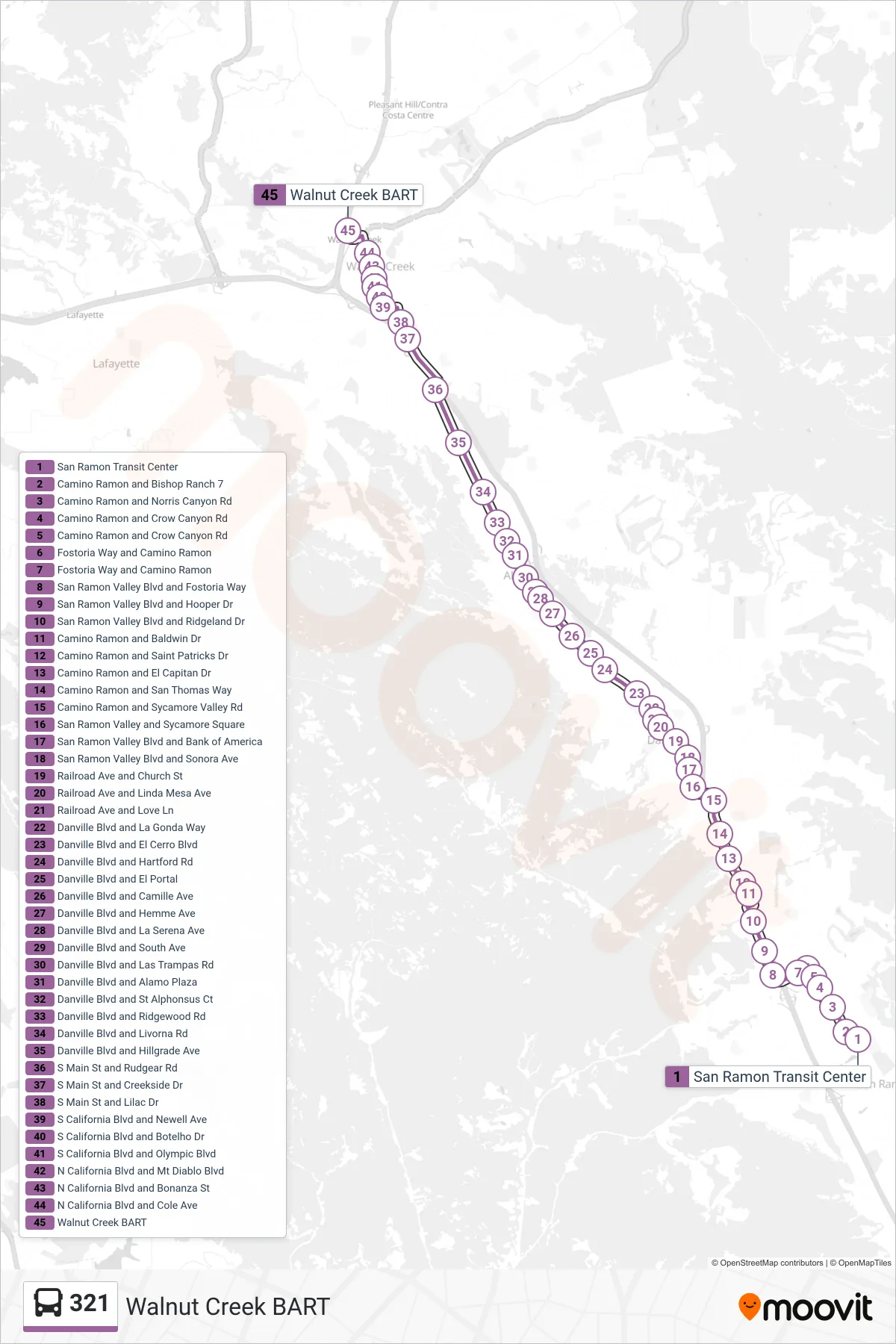 321 bus Line (Walnut Creek BART) route and stops on a map