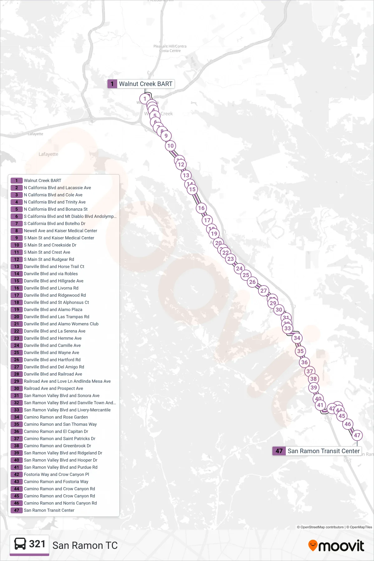 321 bus Line (San Ramon TC) route and stops on a map