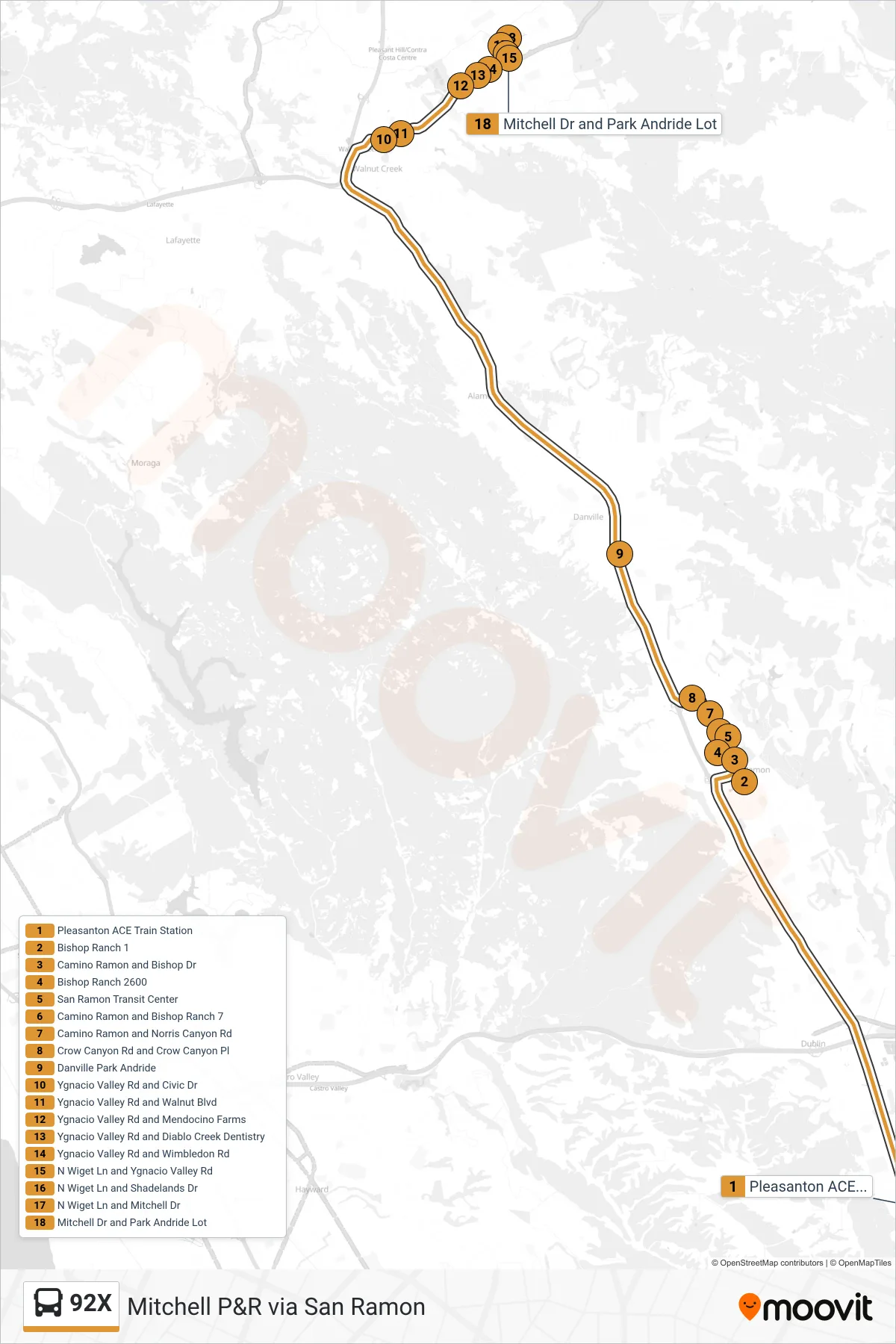92X bus Line (Mitchell P&R via San Ramon) route and stops on a map