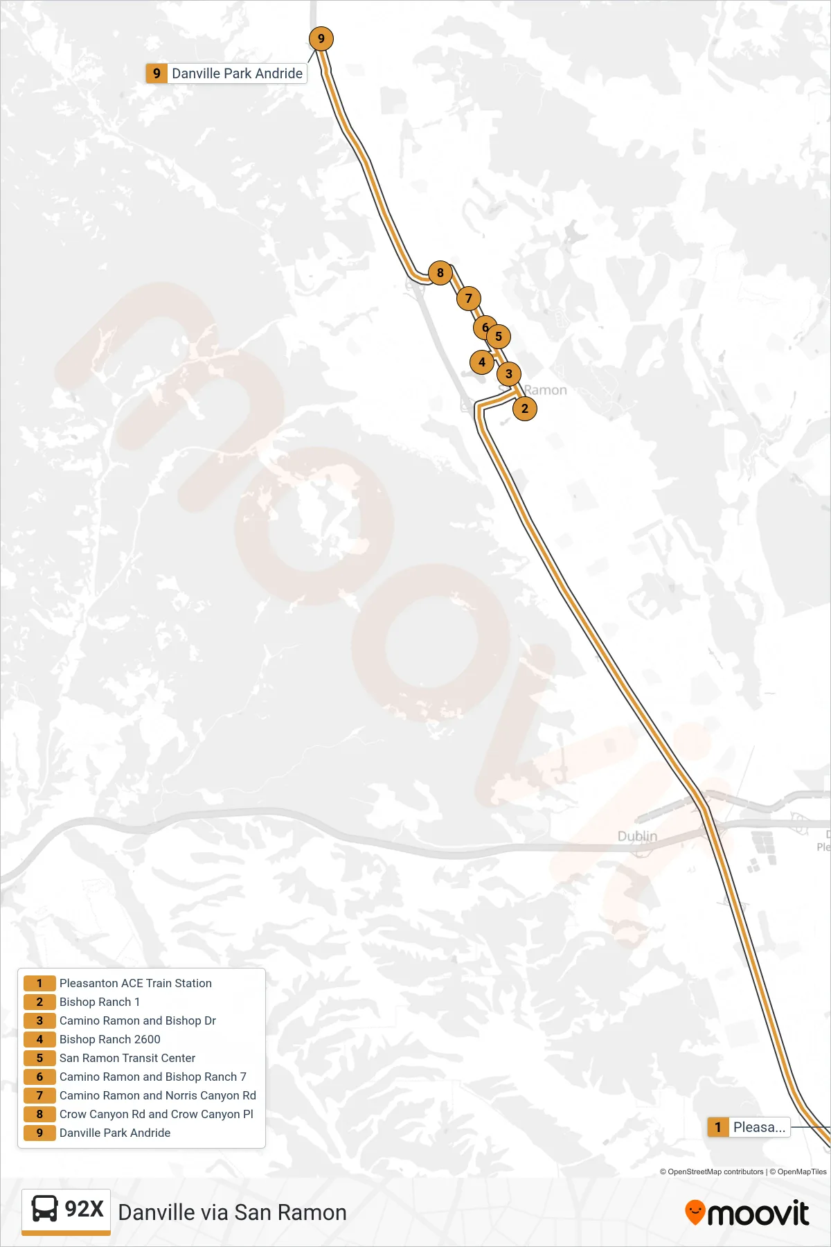 92X bus Line (Danville via San Ramon) route and stops on a map