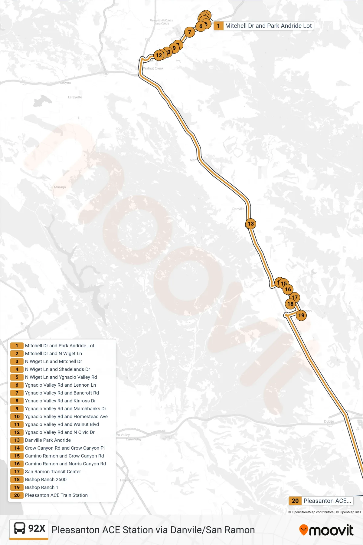 92X bus Line (Pleasanton ACE Station via Danvile/San Ramon) route and stops on a map